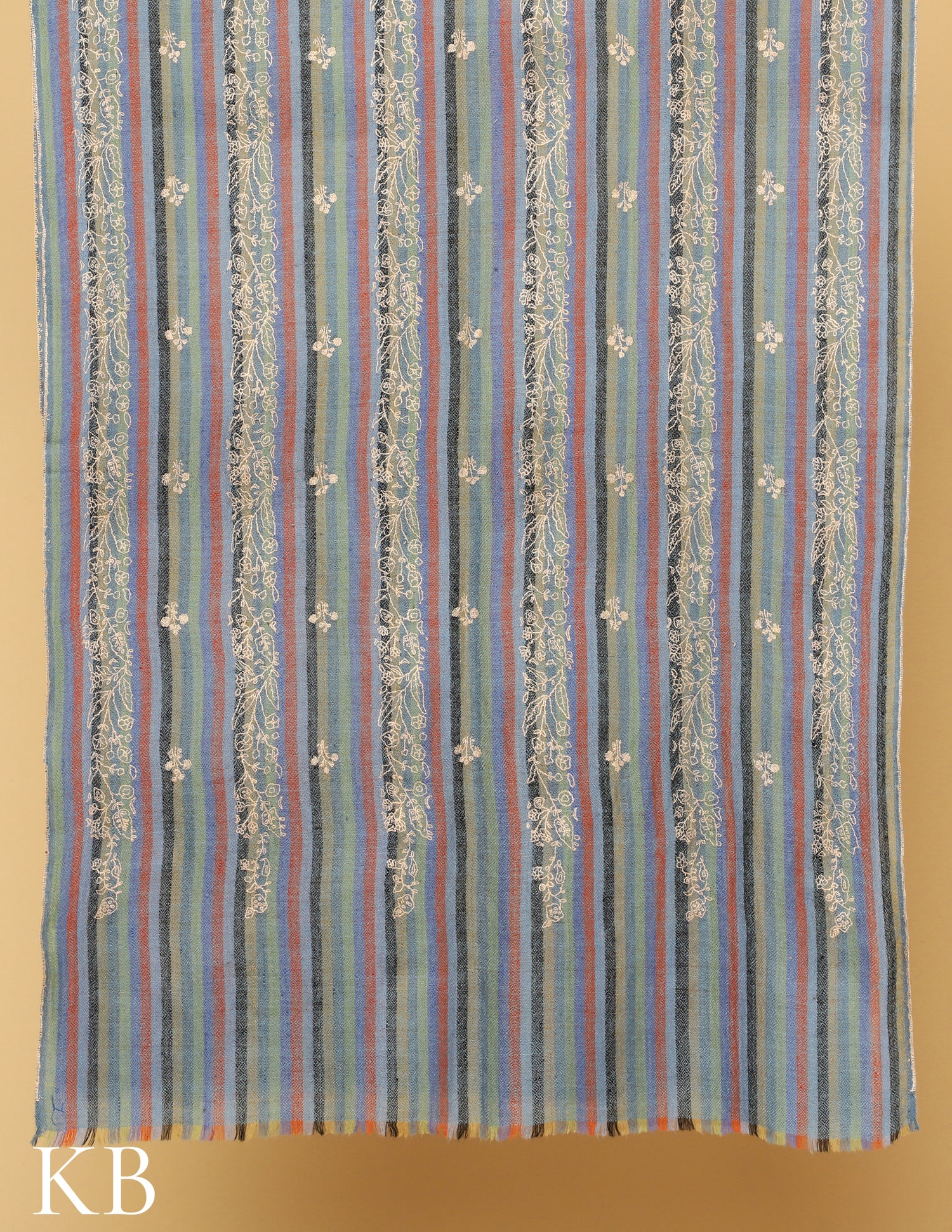 Multicolor Striped Sozni Embroidered Pure Pashmina Stole - Kashmir Box