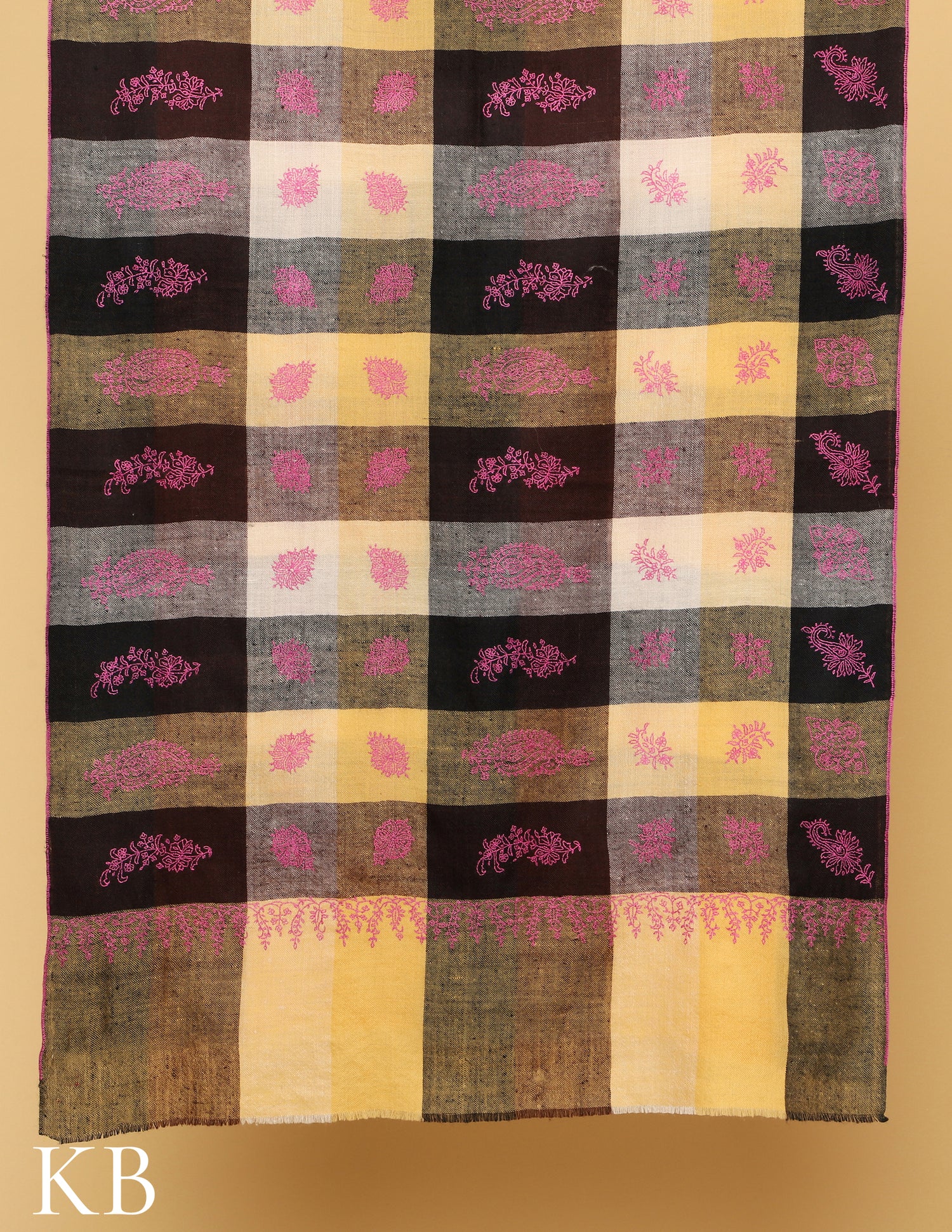 Multicolor Sozni Embroidered and checked Pure Pashmina Stole - Kashmir Box