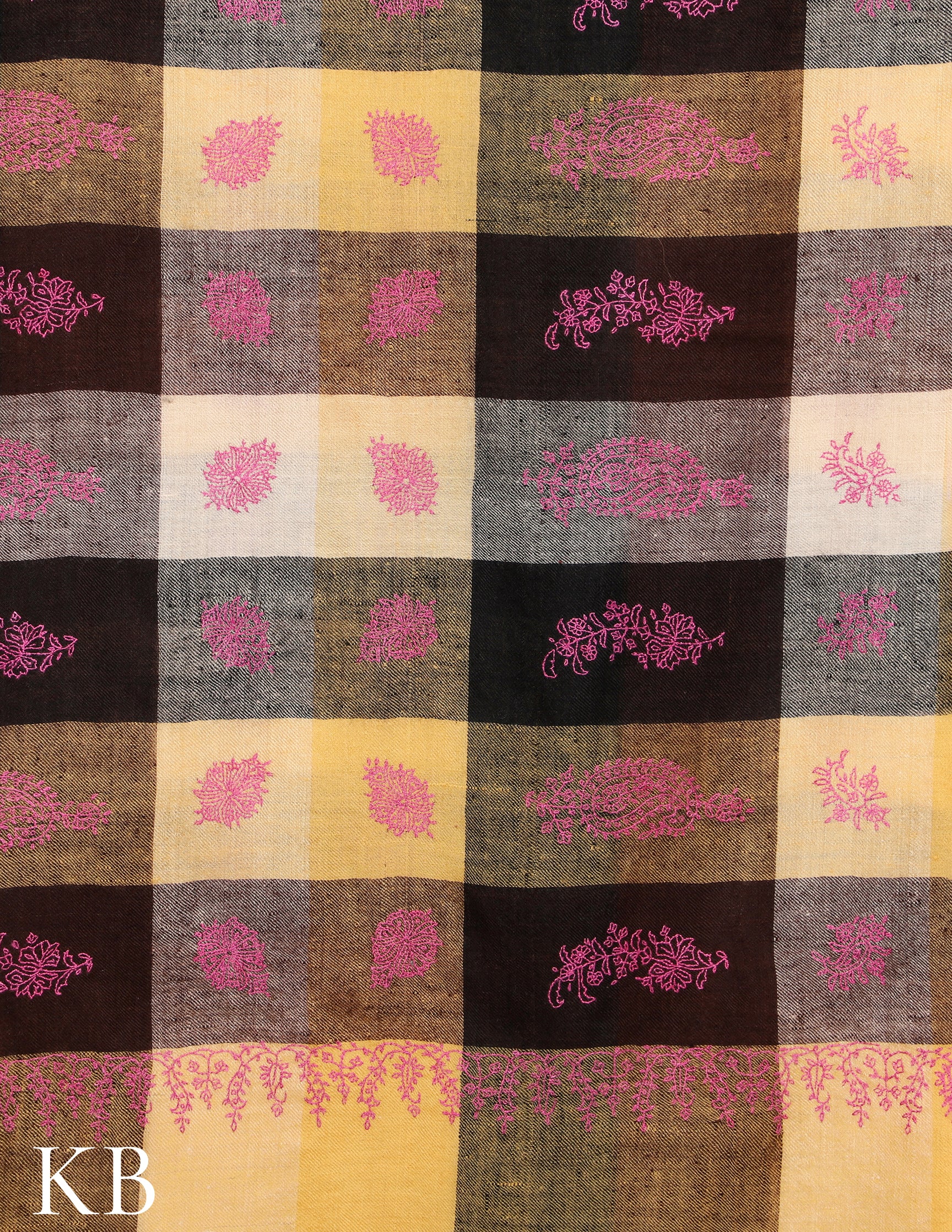 Multicolor Sozni Embroidered and checked Pure Pashmina Stole - Kashmir Box