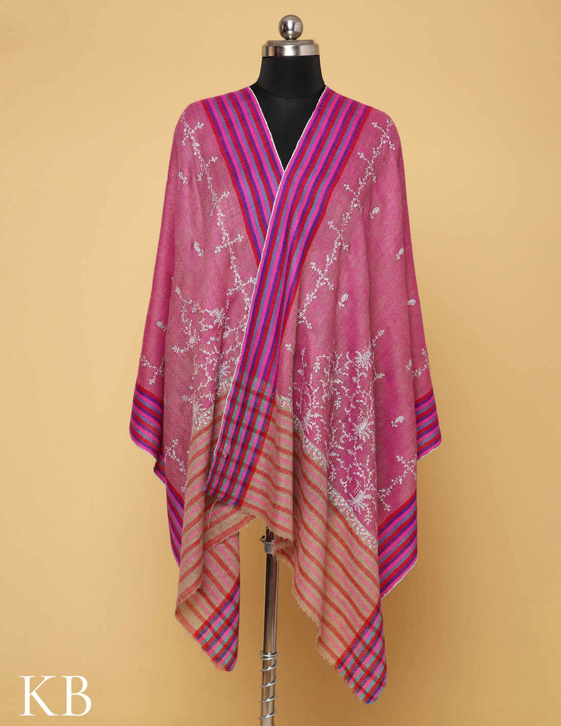 Puce Pink Sozni Embroidered and Striped Palla Pure Pashmina Stole - Kashmir Box