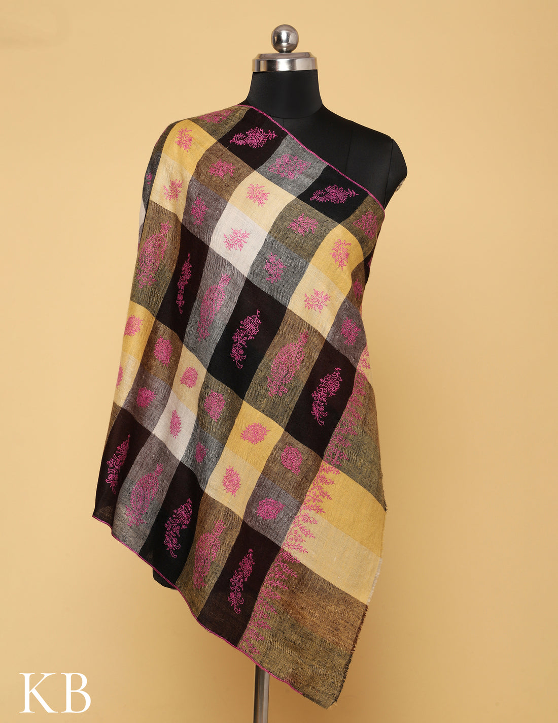 Multicolor Sozni Embroidered and checked Pure Pashmina Stole - Kashmir Box