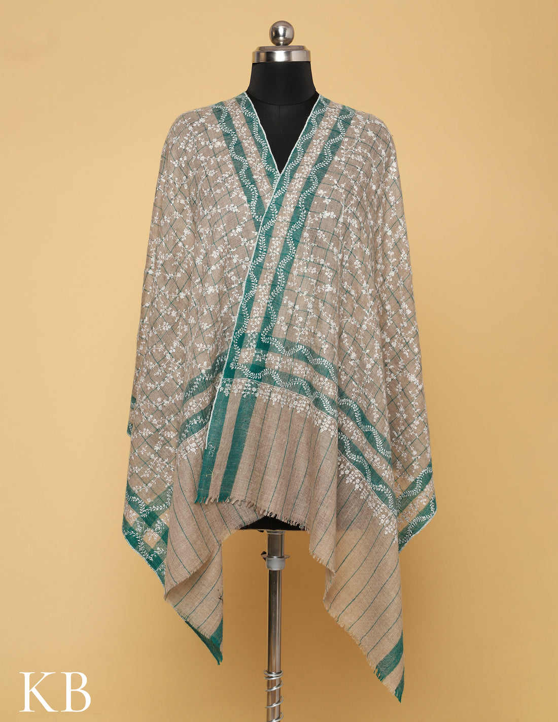 Brandy Tan Sozni Embroidered and Striped Pure Pashmina Stole - Kashmir Box