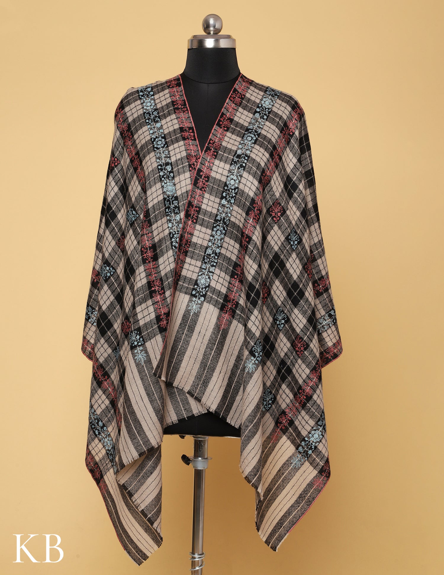 Grey And Black Check Sozni Embroidered Pure Pashmina Stole - Kashmir Box