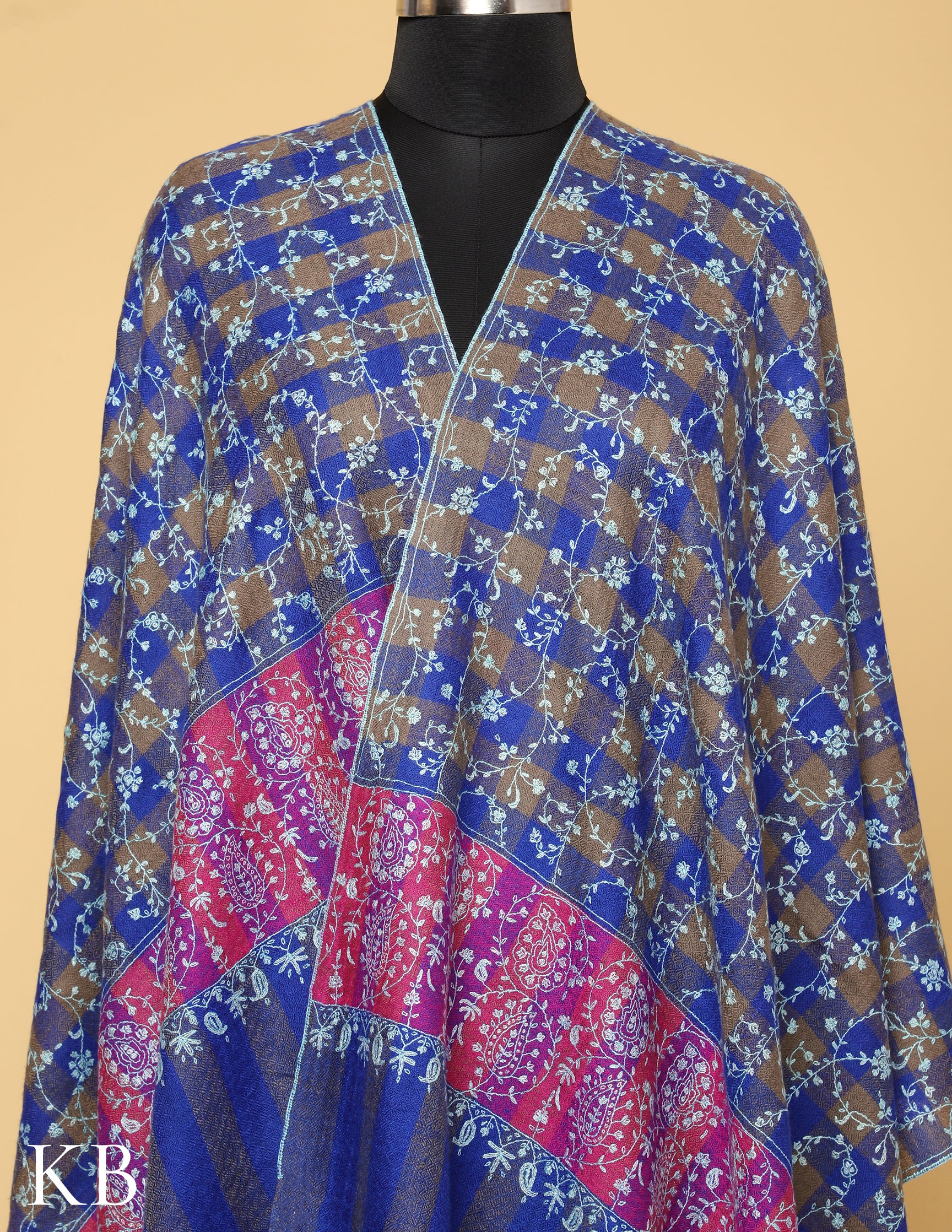 Blue Striped and checked Sozni Embroidered Pure Pashmina Stole - Kashmir Box