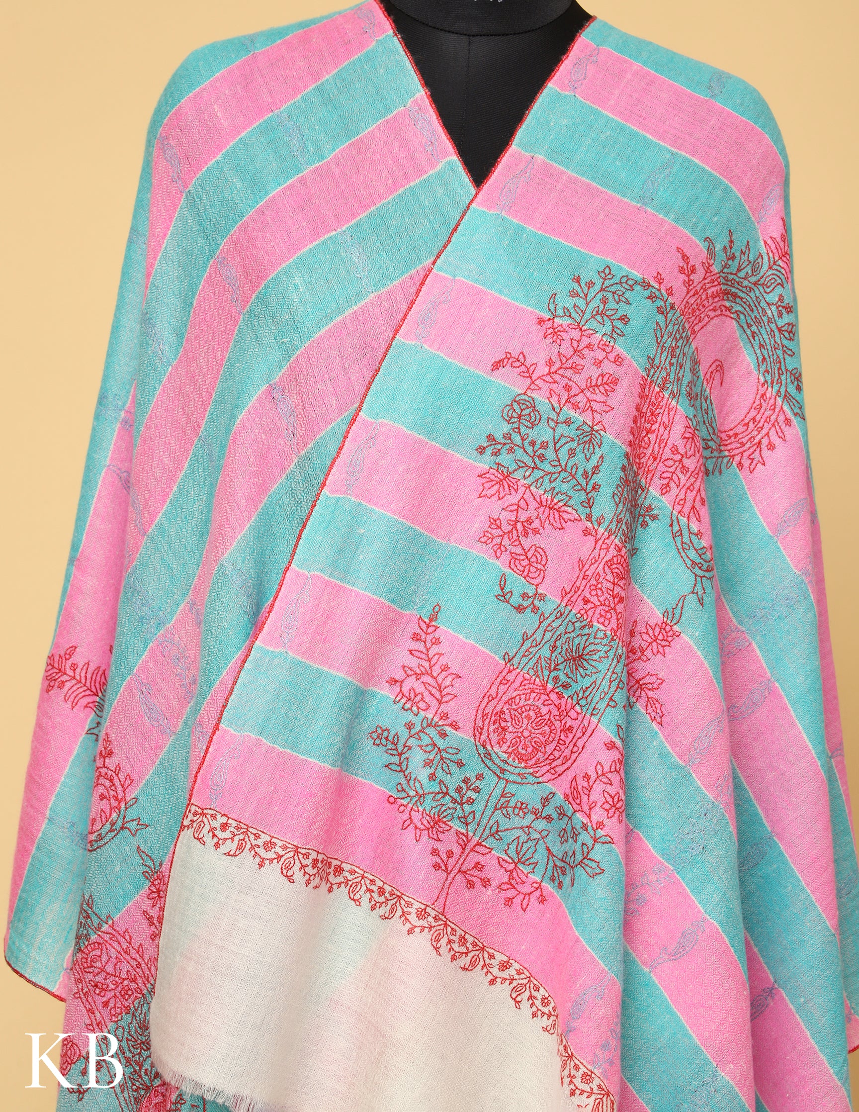 Pink and Turquoise  Stripped Sozni Embroidered Pure Pashmina Stole - Kashmir Box