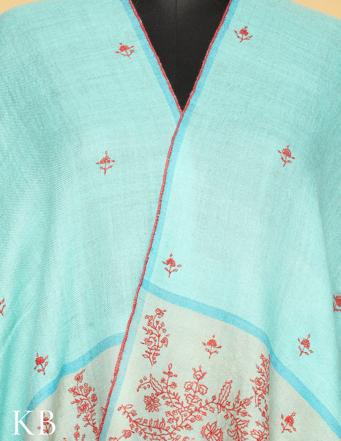 Sky Blue Grey Palla Sozni Embroidered Pure Pashmina Stole - Kashmir Box