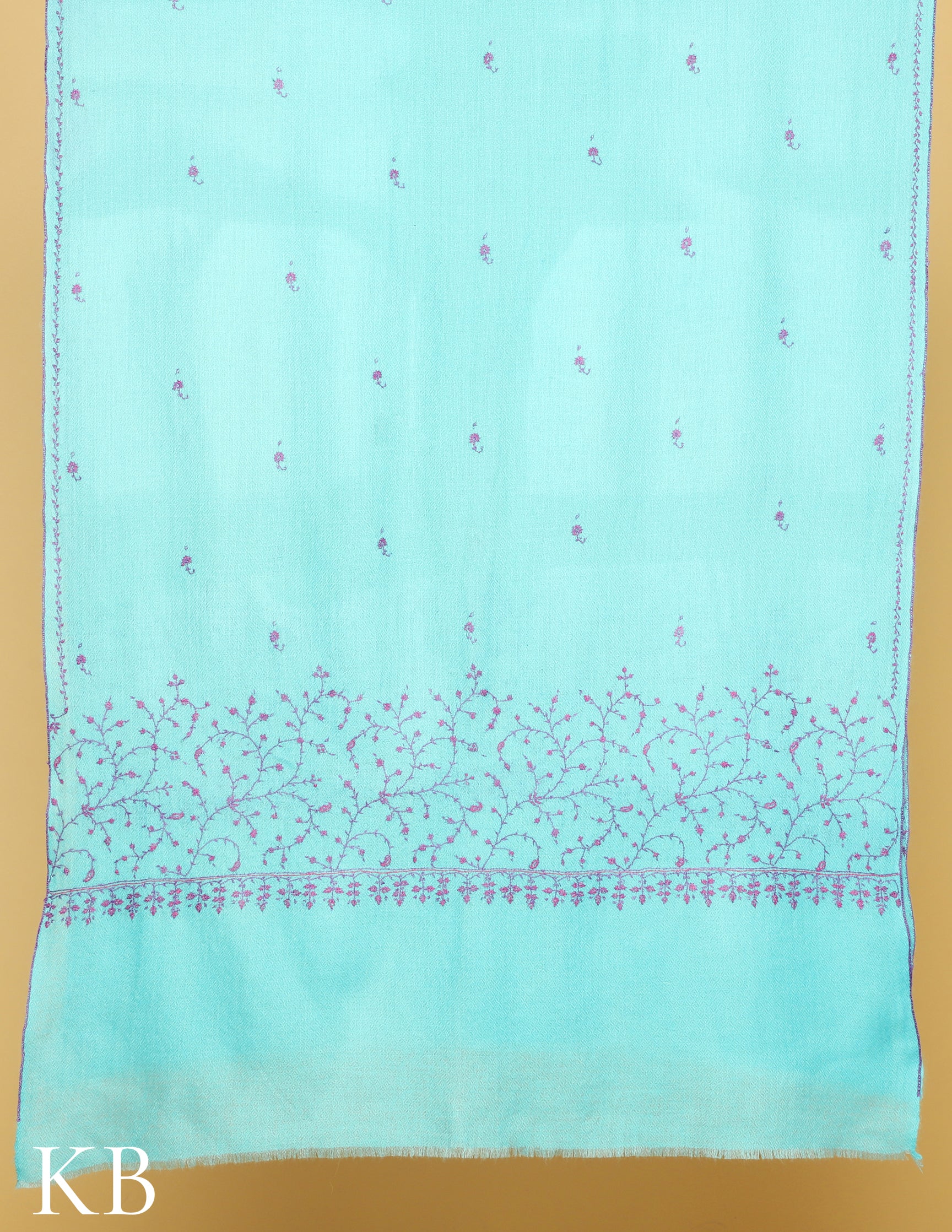 Arctic Blue Sozni Embroidered Pure Pashmina Stole - Kashmir Box