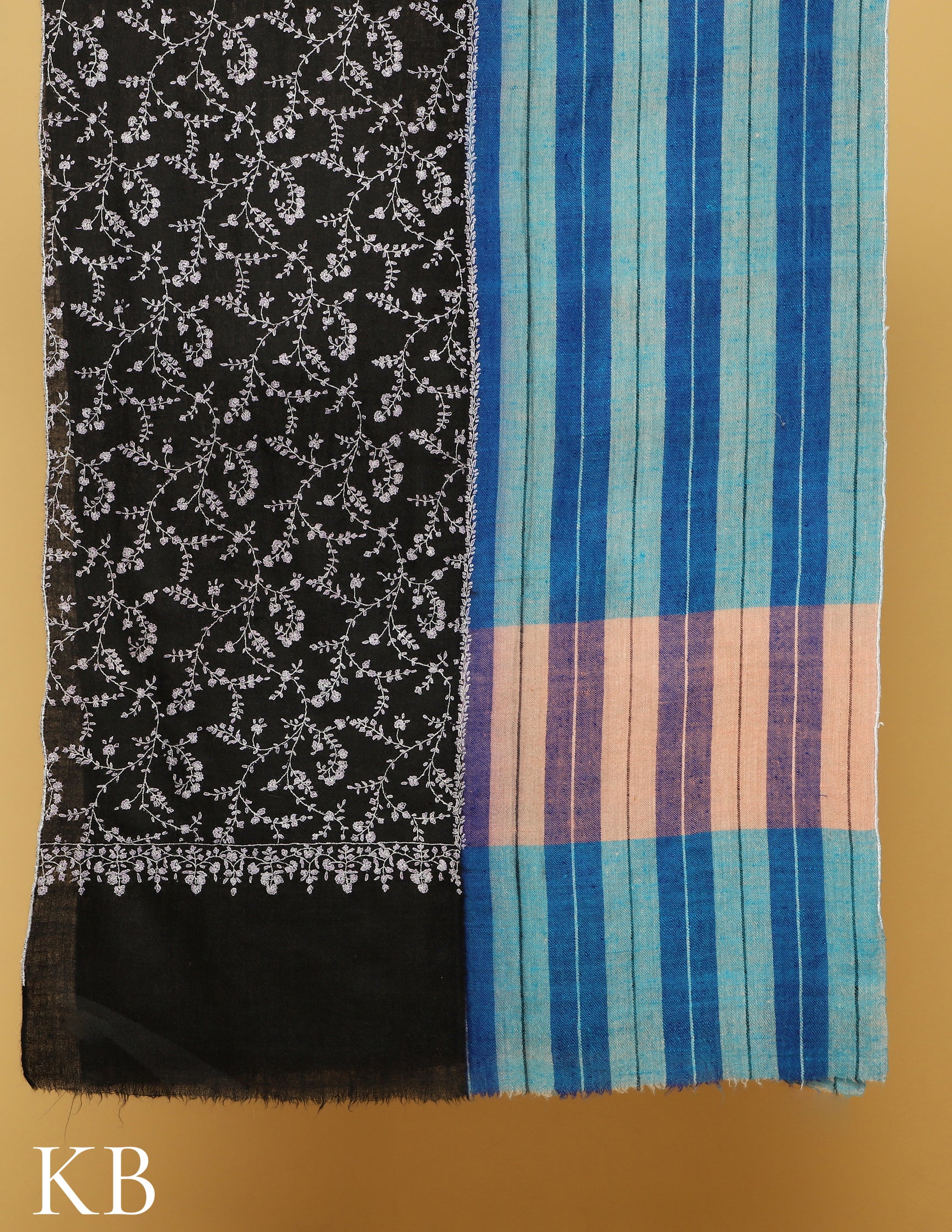 Black Sozni Embroidered And Blue Stripped Pure Pashmina Stole - Kashmir Box