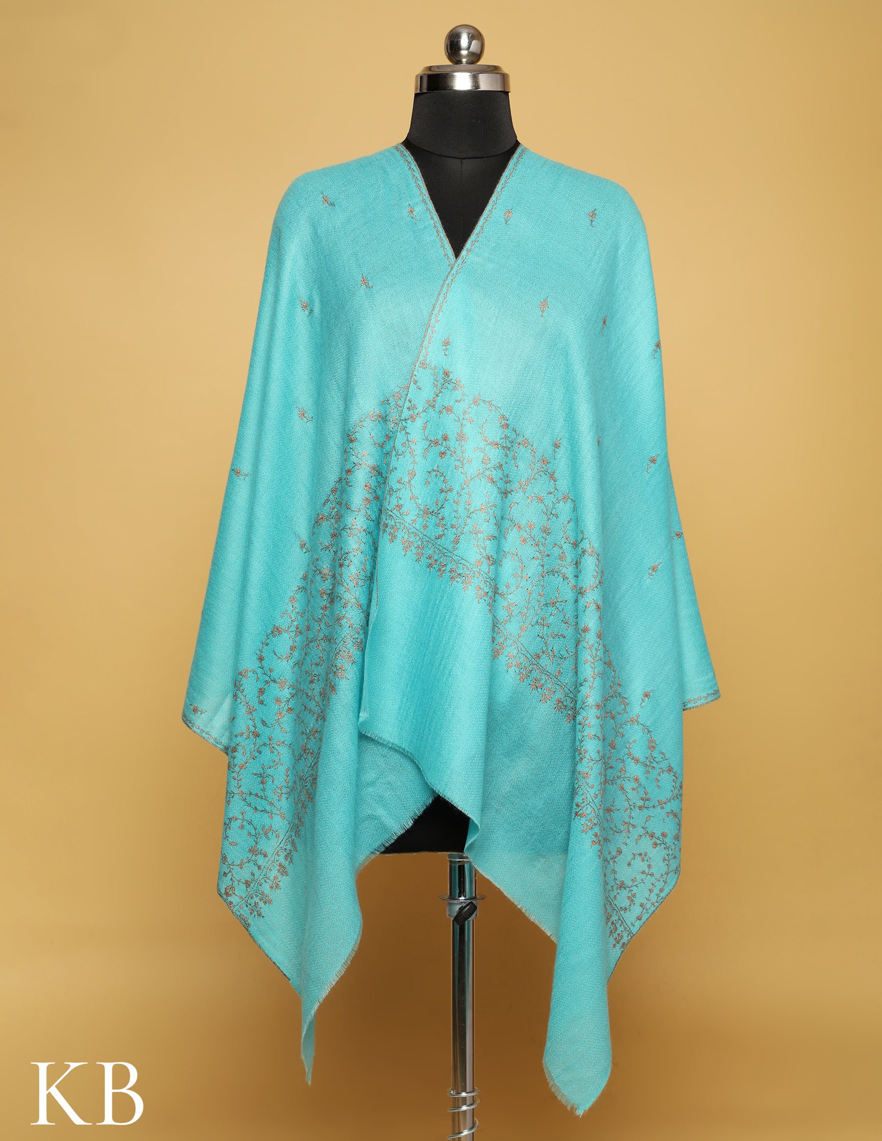 Aqua Sozni Embroidered Pure Pashmina Stole - Kashmir Box