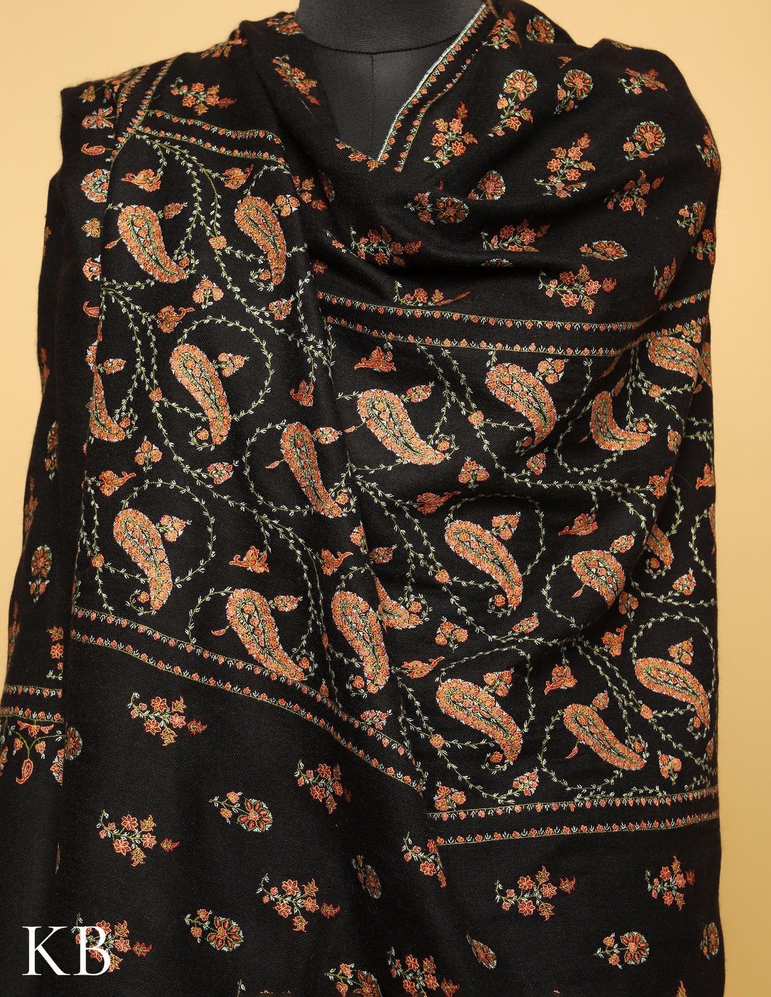 Midnight Black Sozni Embroidered Pure Pashmina Shawl - Kashmir Box