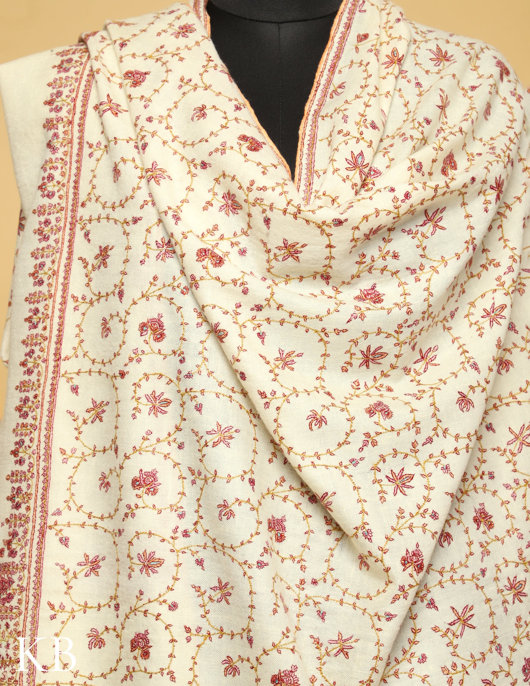 White Paper Mache Sozni Embroidery Shawl, Kashmir Fine Woollen Scarf, hot Pashmina, Cashmere, Hand Embroidery, Women Wrap