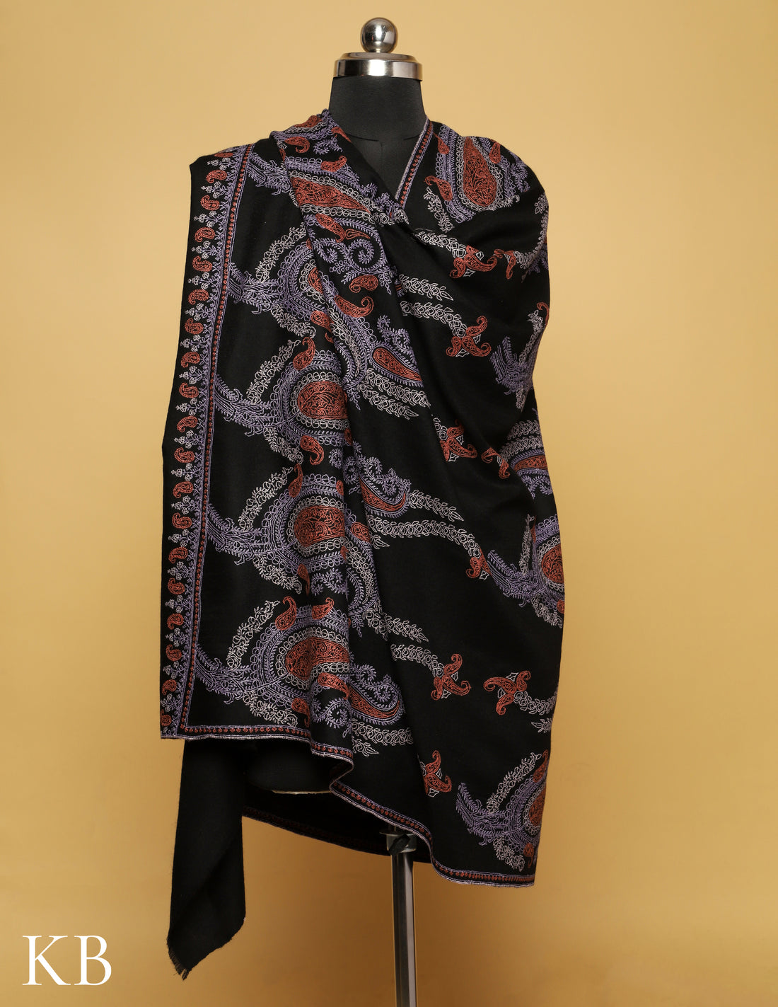 Rich Black  Sozni Embroidered Pure Pashmina Shawl - Kashmir Box