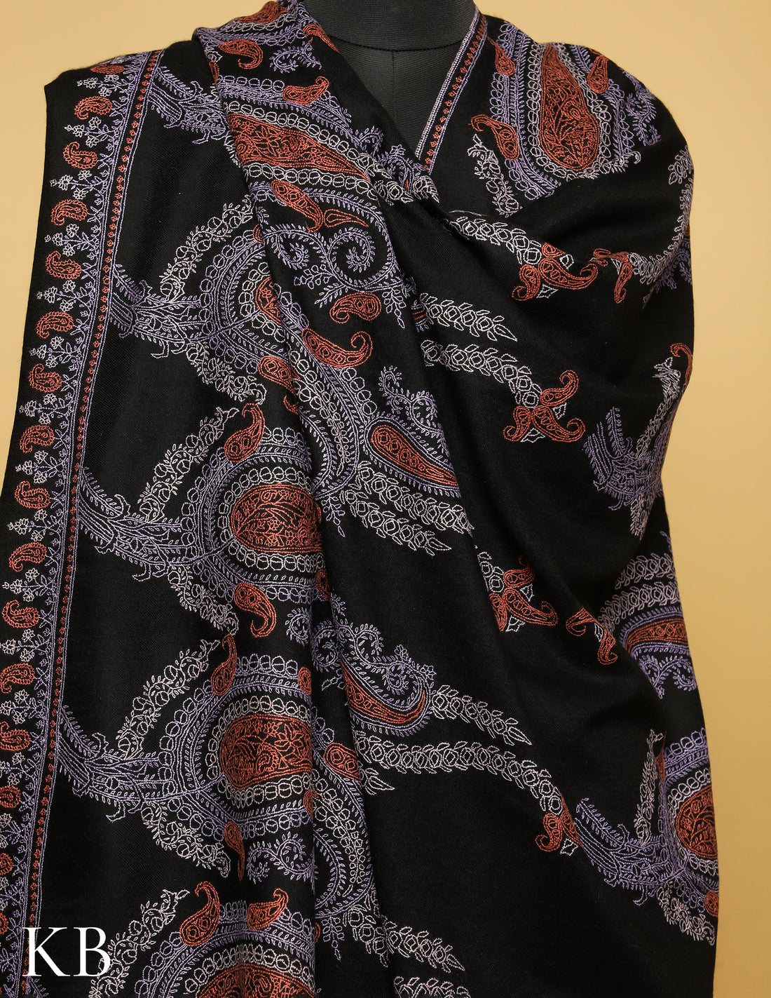 Rich Black  Sozni Embroidered Pure Pashmina Shawl - Kashmir Box