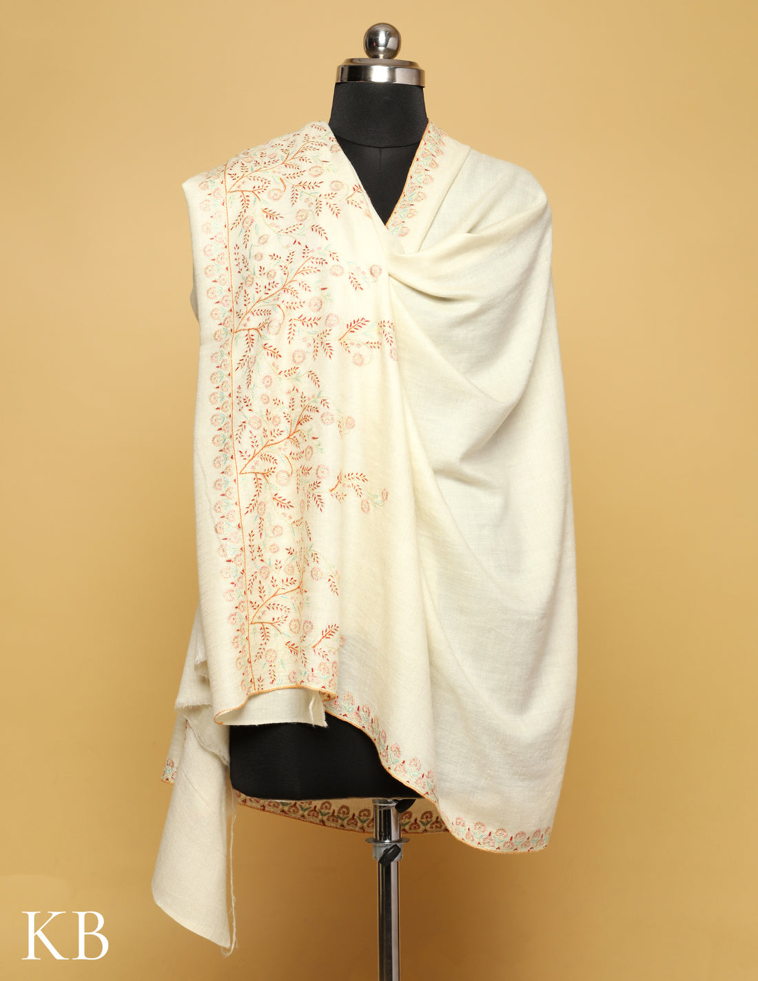 White Pearl  Sozni Embroidered Pure Pashmina Shawl - Kashmir Box