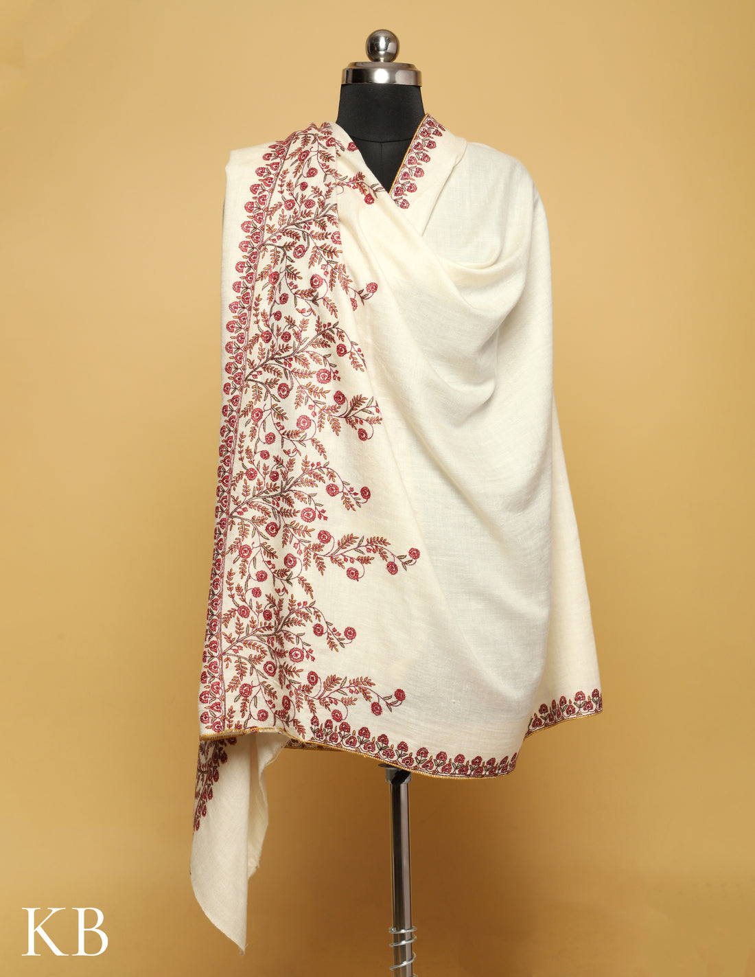 White Pure Pashmina Sozni Embroidered Shawl - Kashmir Box