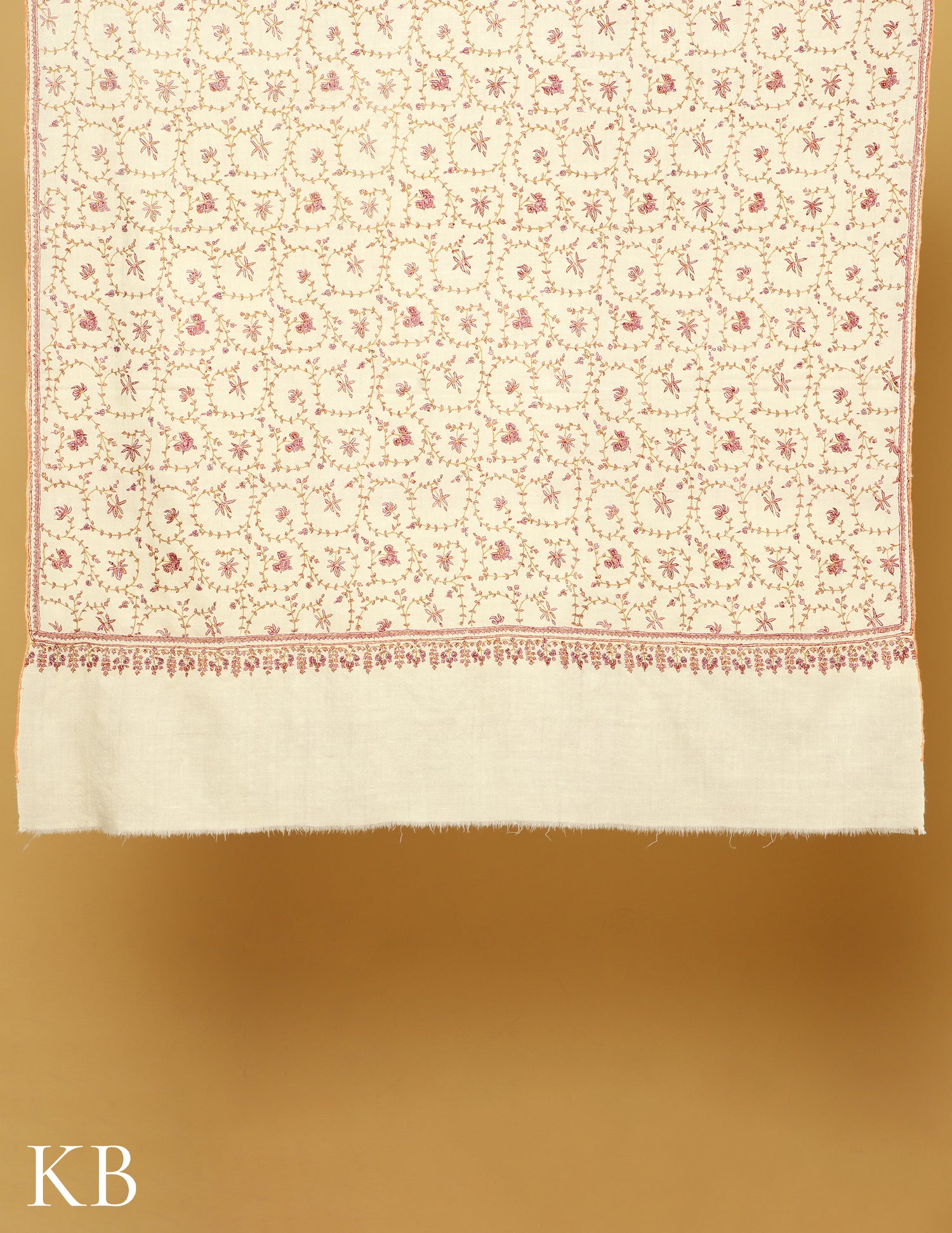 Snow White Sozni Embroidered Pure Pashmina Shawl - Kashmir Box