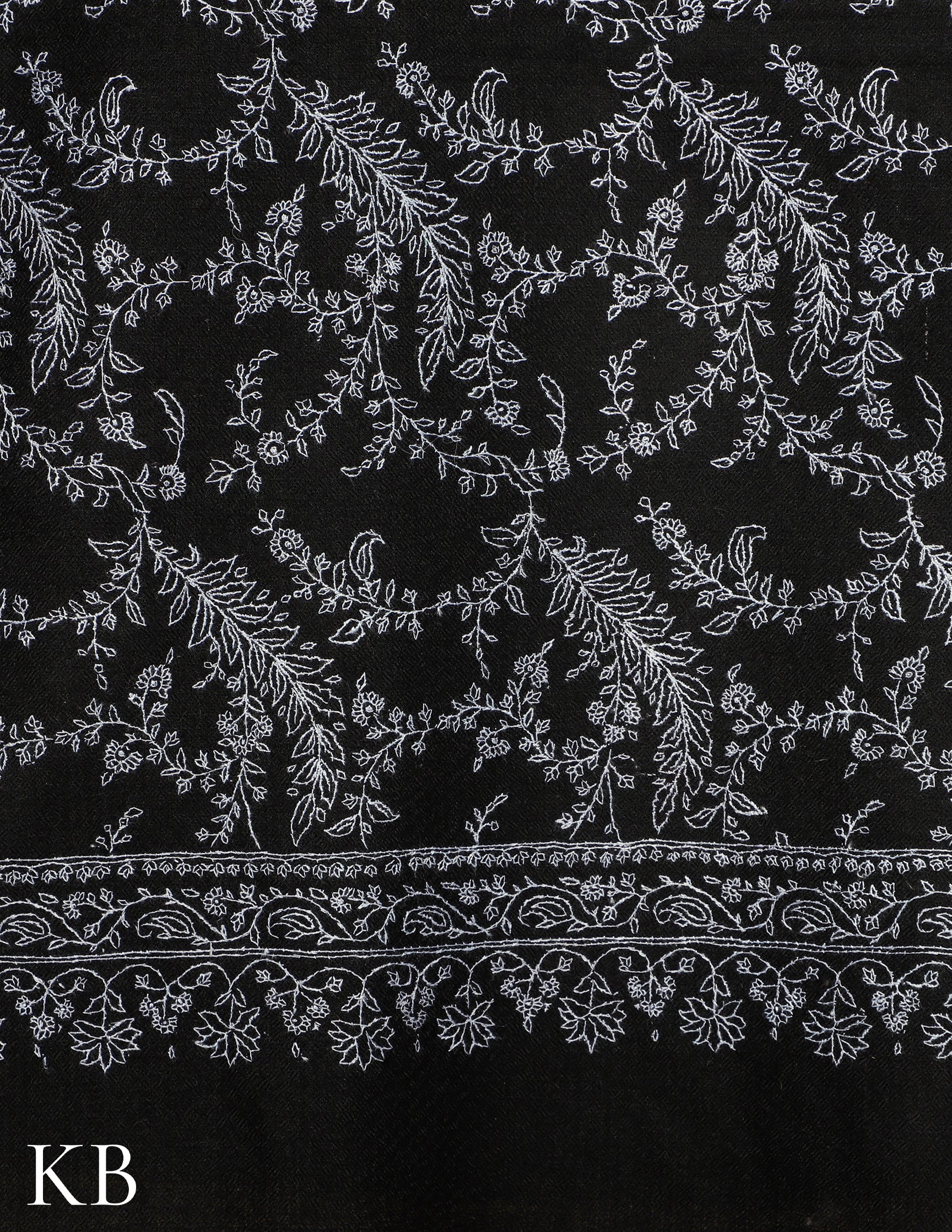 Dark Black Pure Pashmina Sozni Embroidered Shawl - Kashmir Box