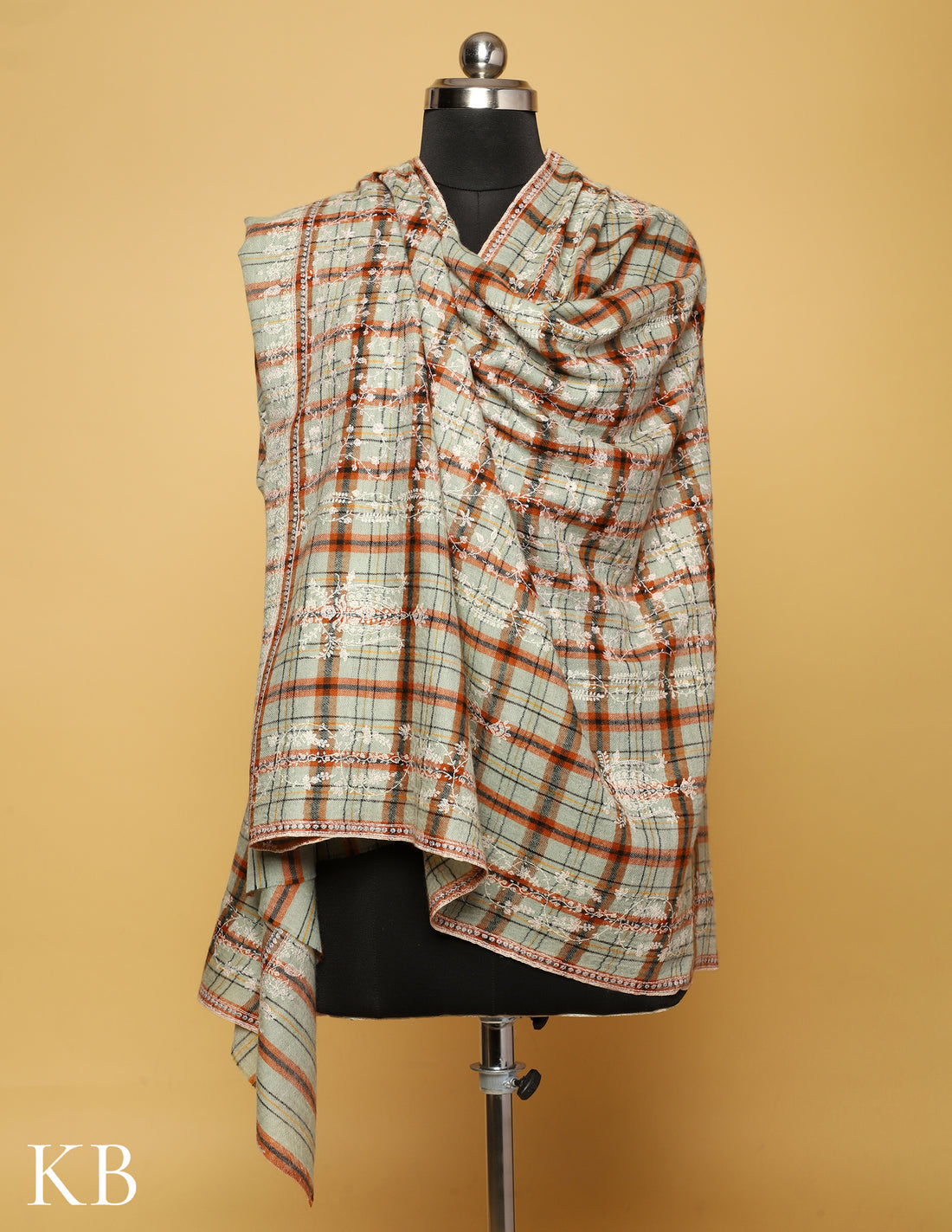 Pastel Grey stripped and checked Sozni Embroidered Pure Pashmina Shawl - Kashmir Box