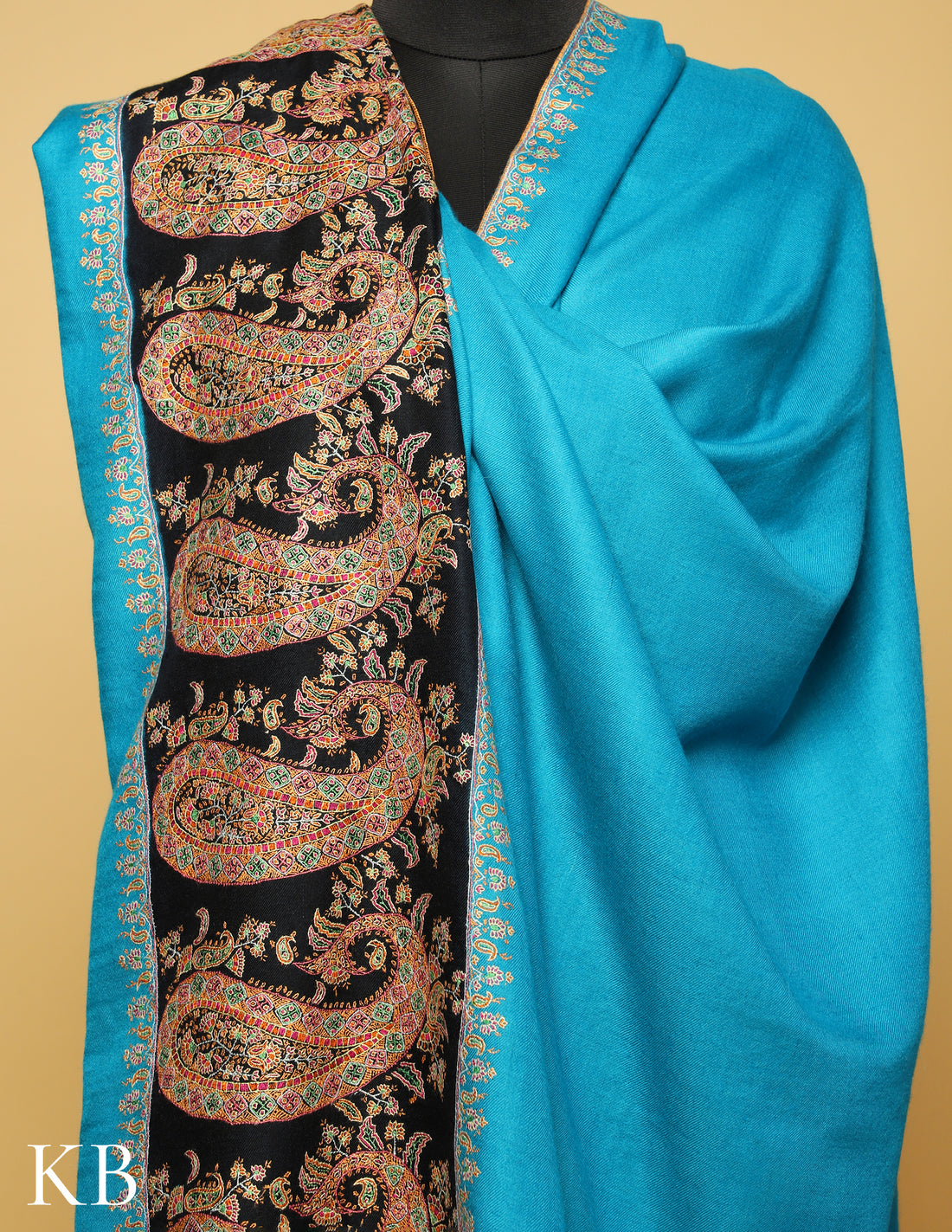 Blue Sozni Embroidered Pure Pashmina Shawl - Kashmir Box