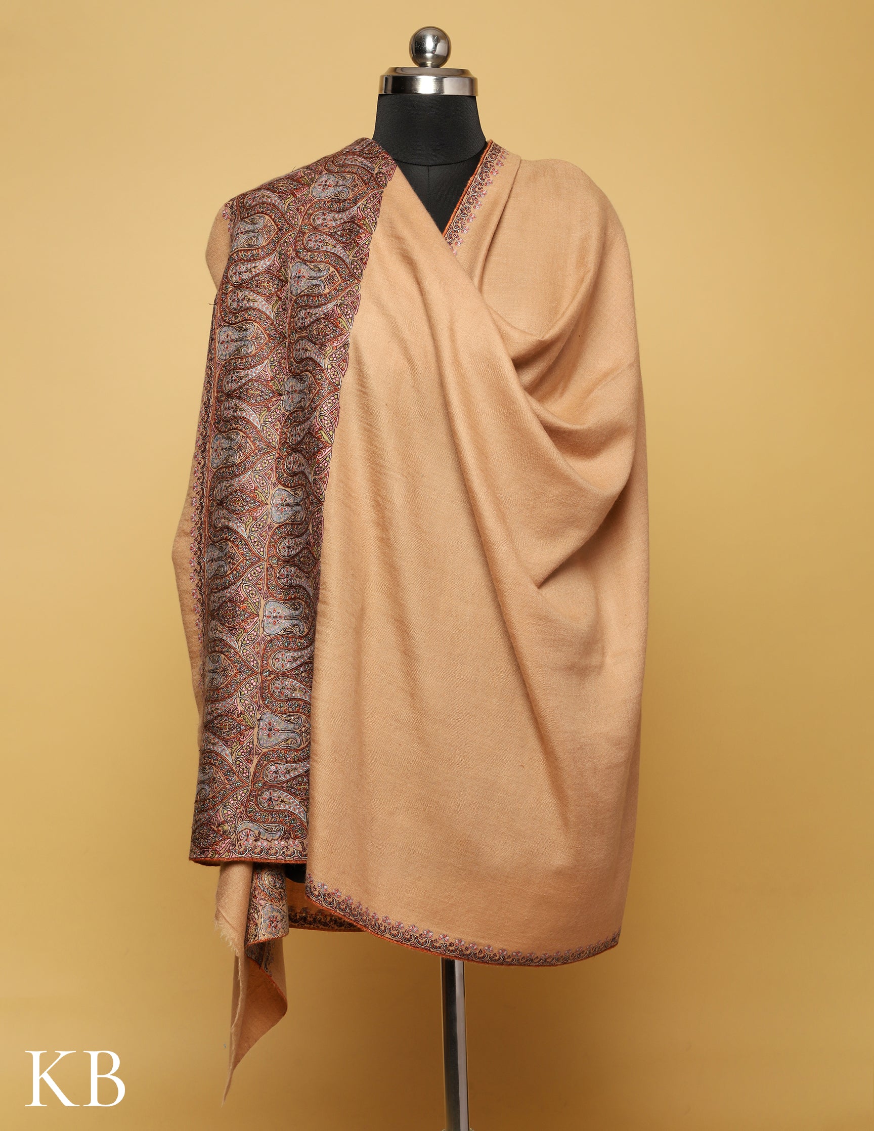 Honey Peach Sozni Embroidered Pure Pashmina Shawl - Kashmir Box