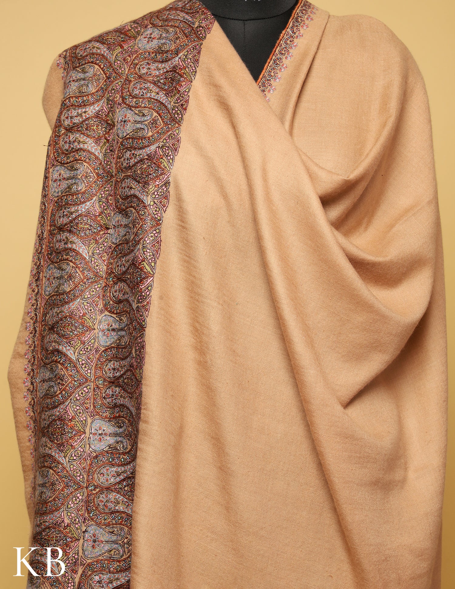 Honey Peach Sozni Embroidered Pure Pashmina Shawl - Kashmir Box