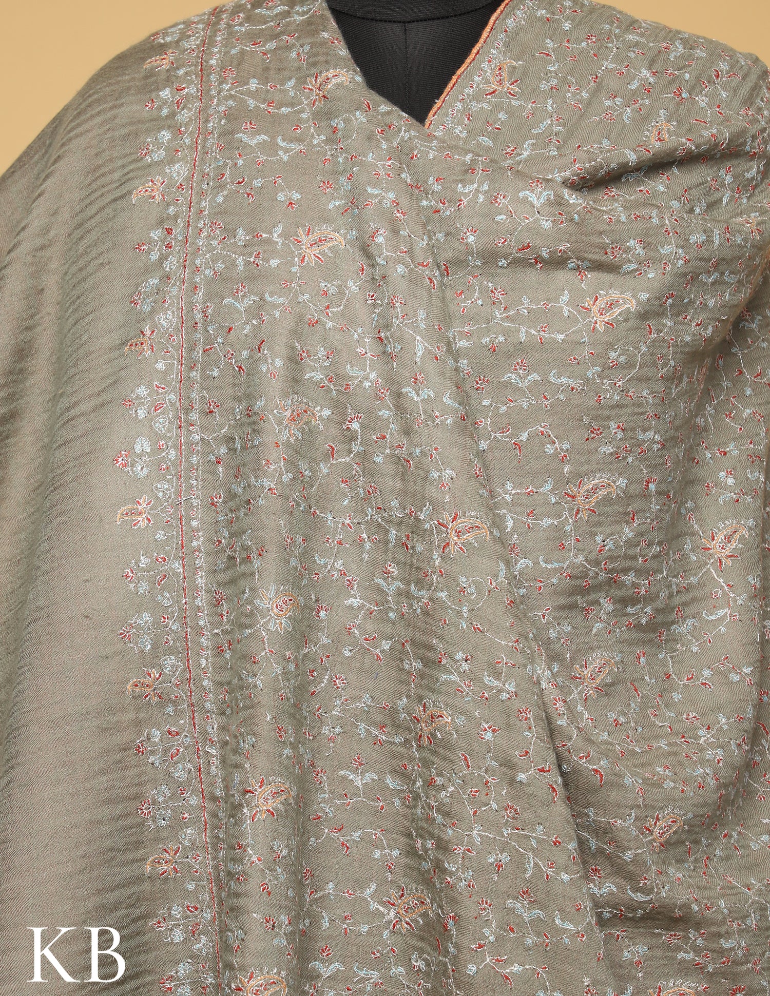 Grey Jaldaar Pure Pashmina Sozni and Tilla Embroidered Shawl - Kashmir Box