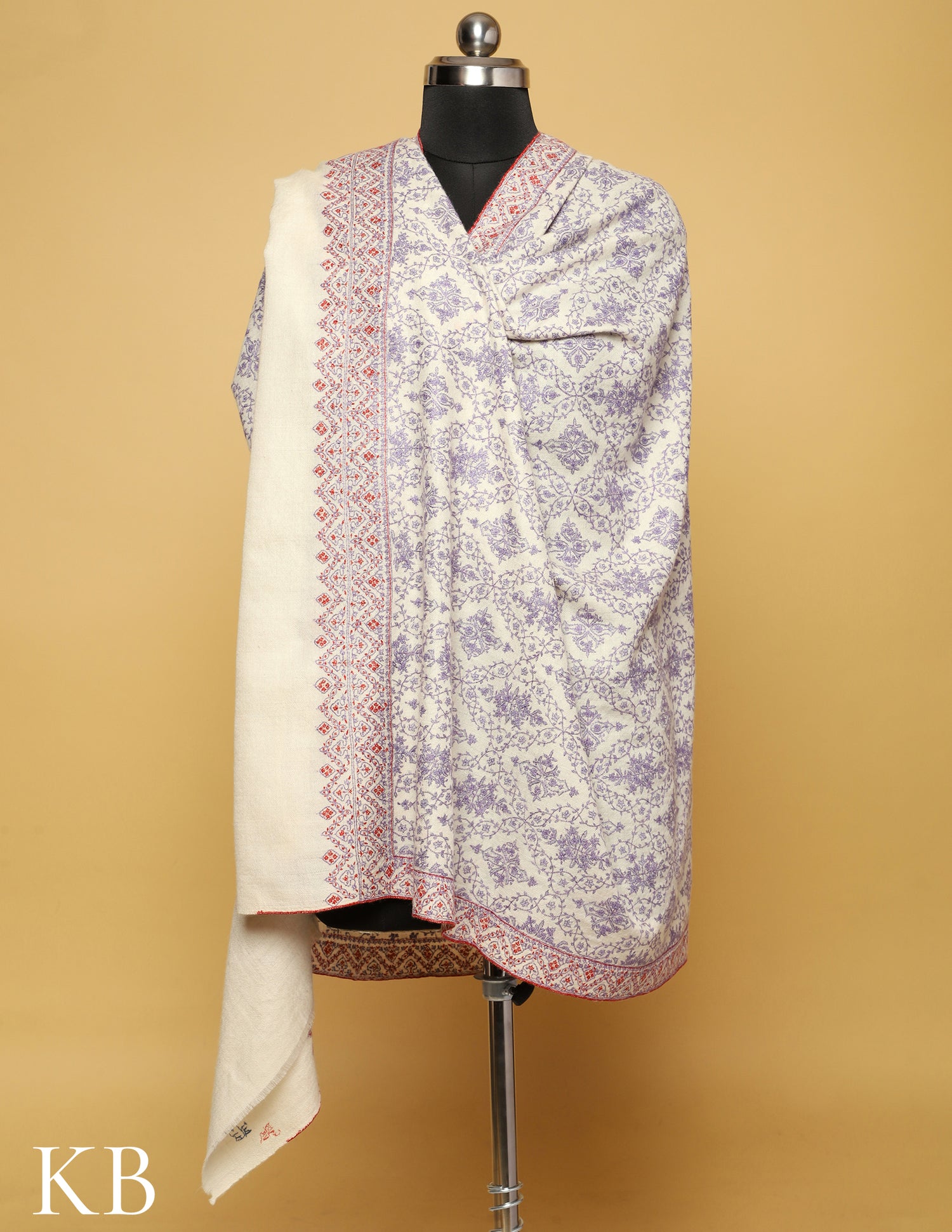 Light White Sozni Embroidered Pure Pashmina Shawl - Kashmir Box