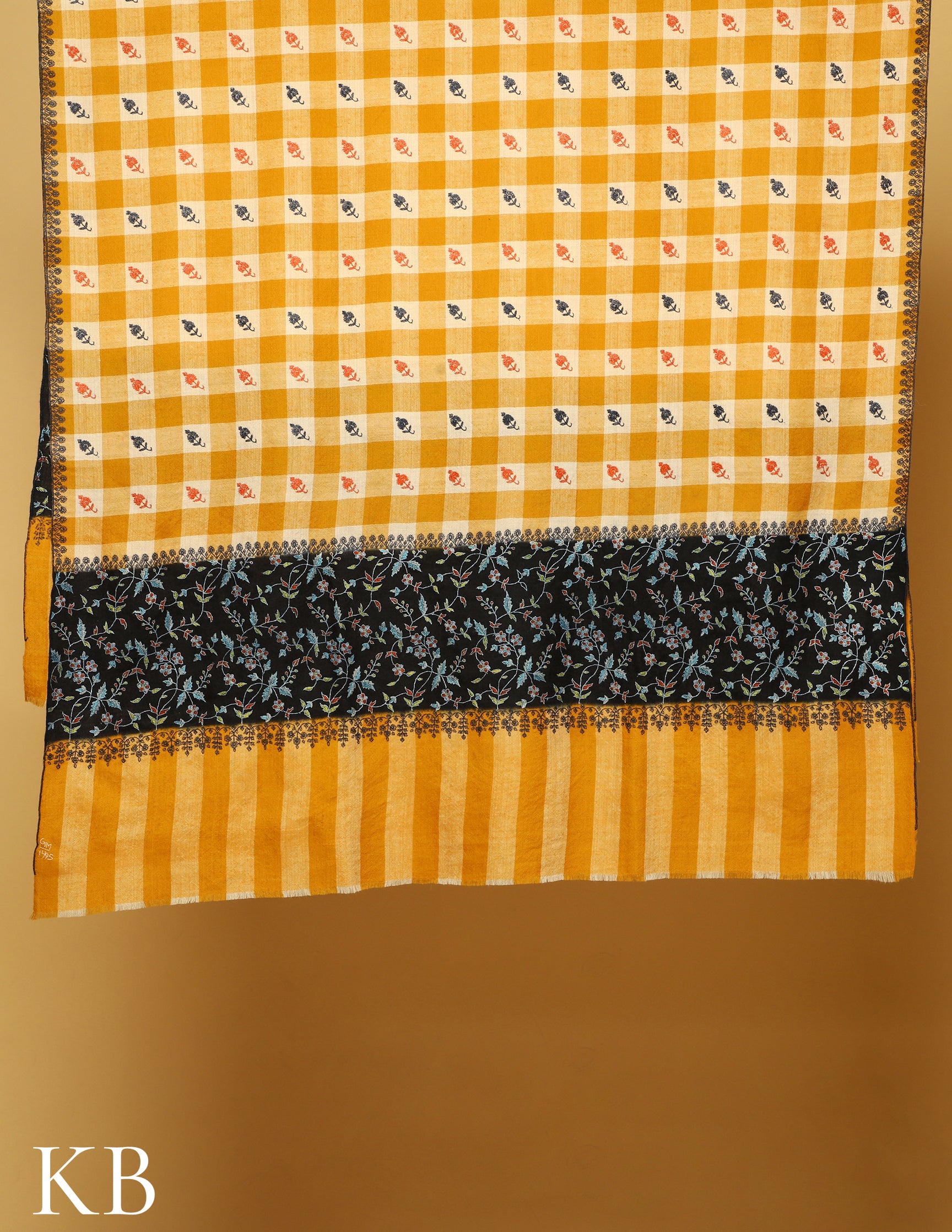 Black and Mustard Checked Sozni Embroidered Pure Pashmina Shawl - Kashmir Box