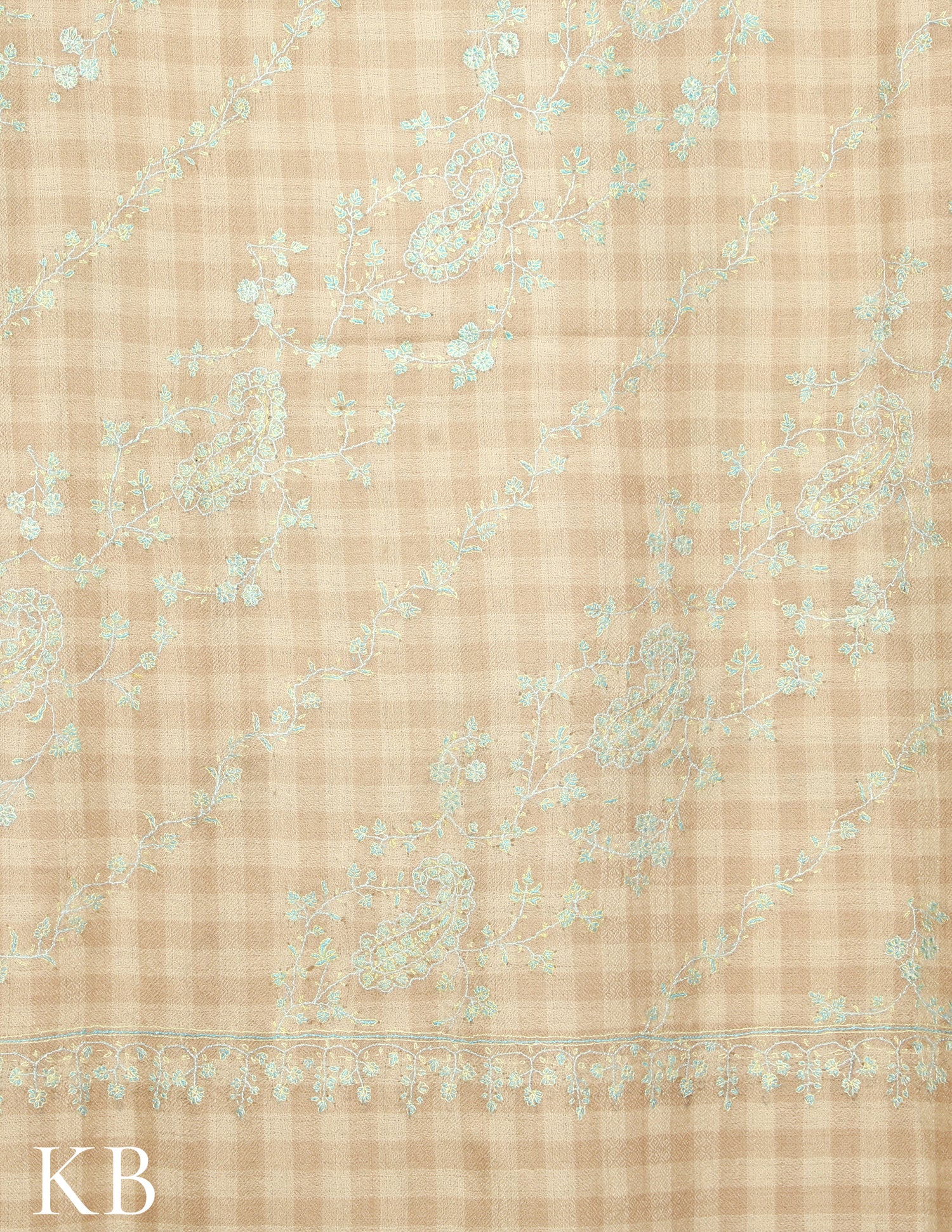 Pastel Cream Jaldaar Checked  Sozni Embroidered Pure Pashmina Shawl - Kashmir Box