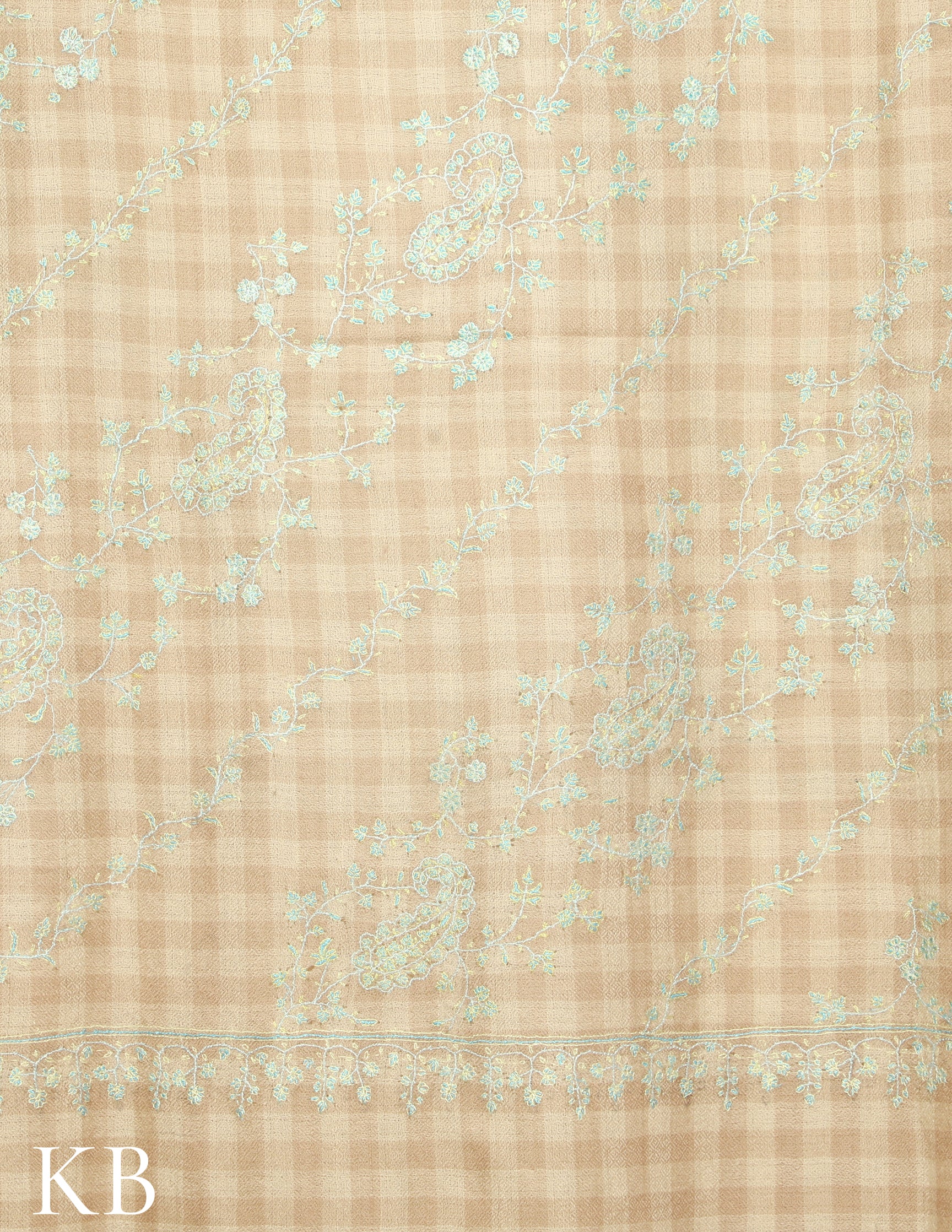 Pastel Cream Jaldaar Checked  Sozni Embroidered Pure Pashmina Shawl - Kashmir Box