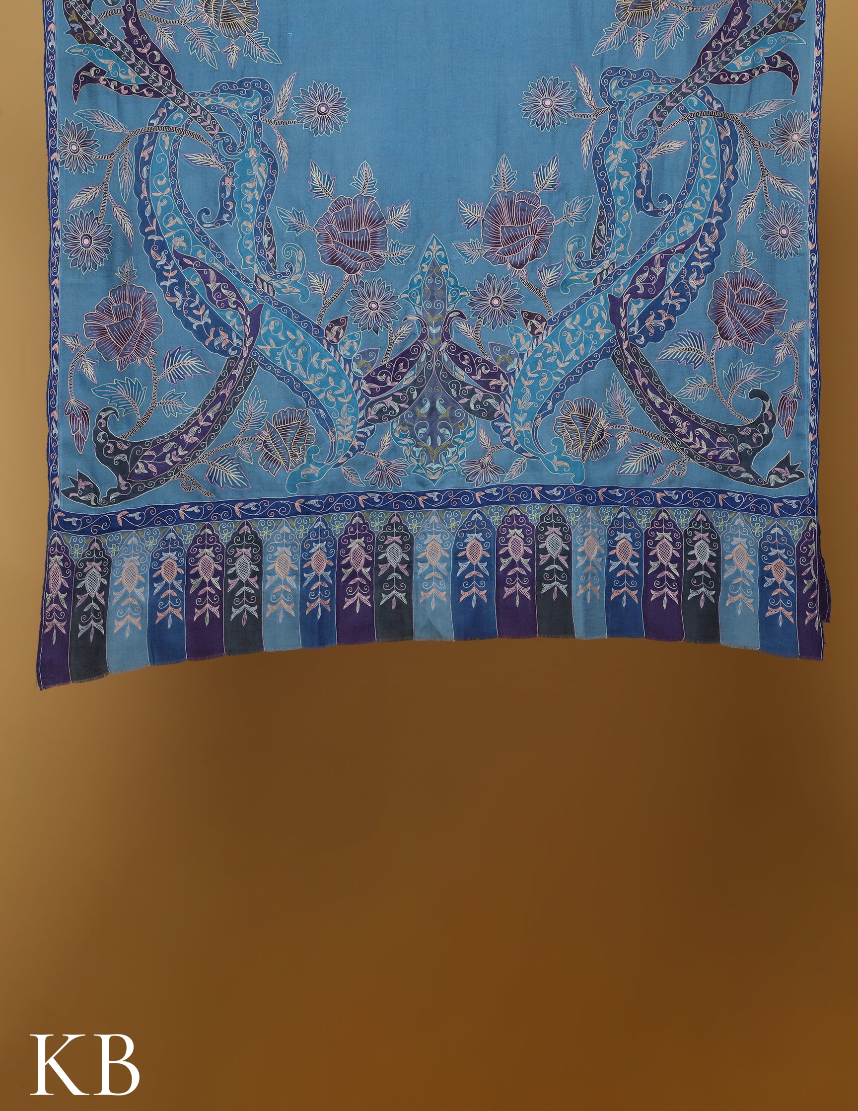 Olympic Blue Kalamkari Sozni Embroidered Pure Pashmina Shawl - Kashmir Box