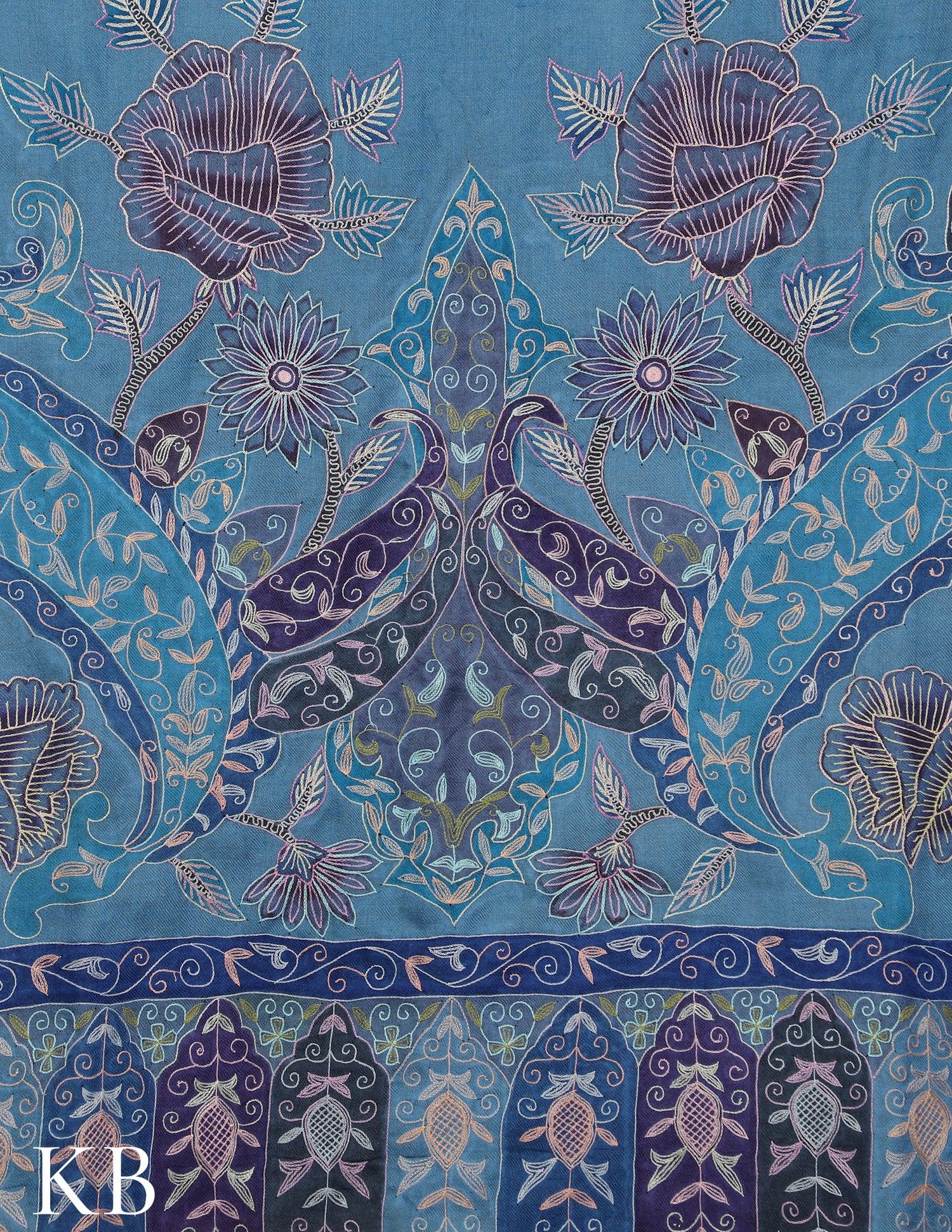 Olympic Blue Kalamkari Sozni Embroidered Pure Pashmina Shawl - Kashmir Box