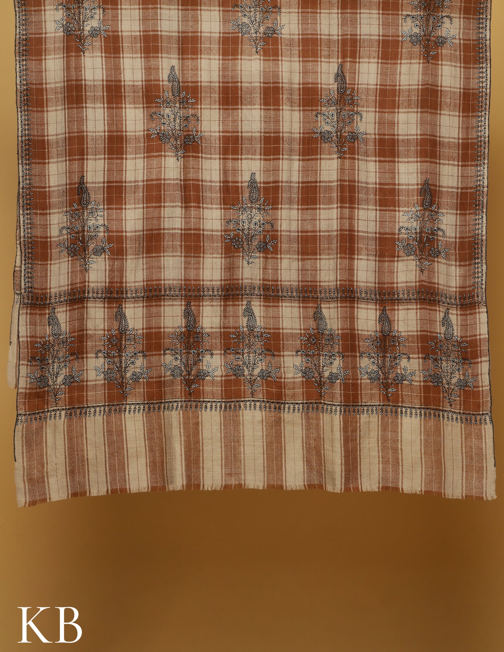 Brown Checked Sozni Embroidered Pure Pashmina Shawl - Kashmir Box