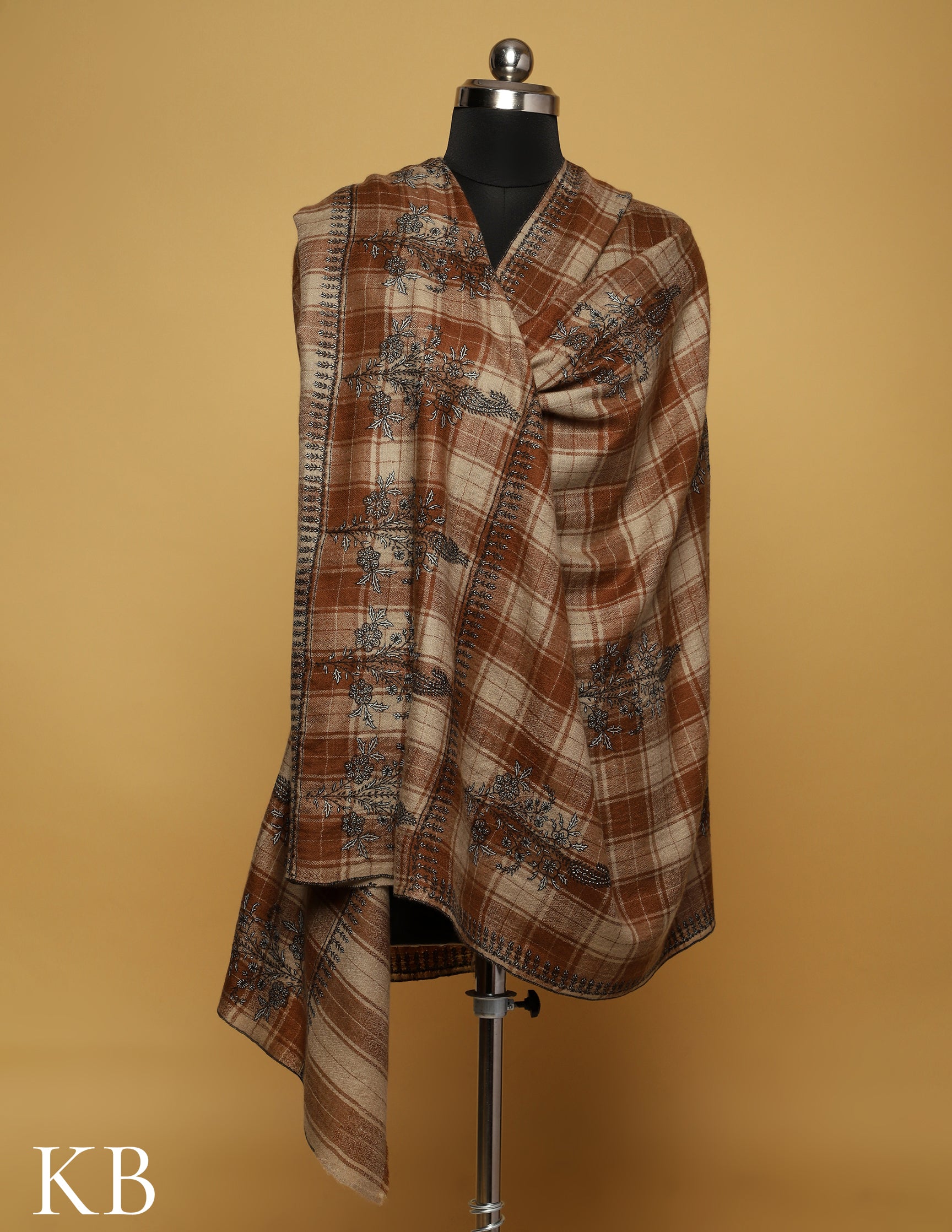 Brown Checked Sozni Embroidered Pure Pashmina Shawl - Kashmir Box