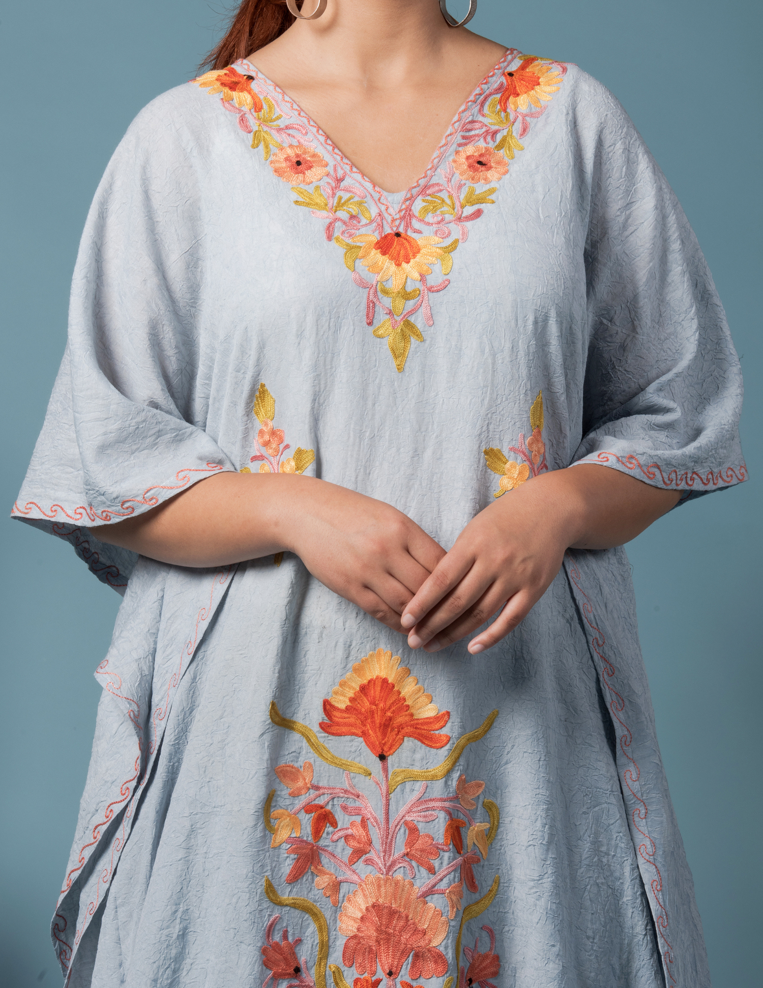 Grey Sunflower Arri Embroidered Kaftan - Kashmir Box