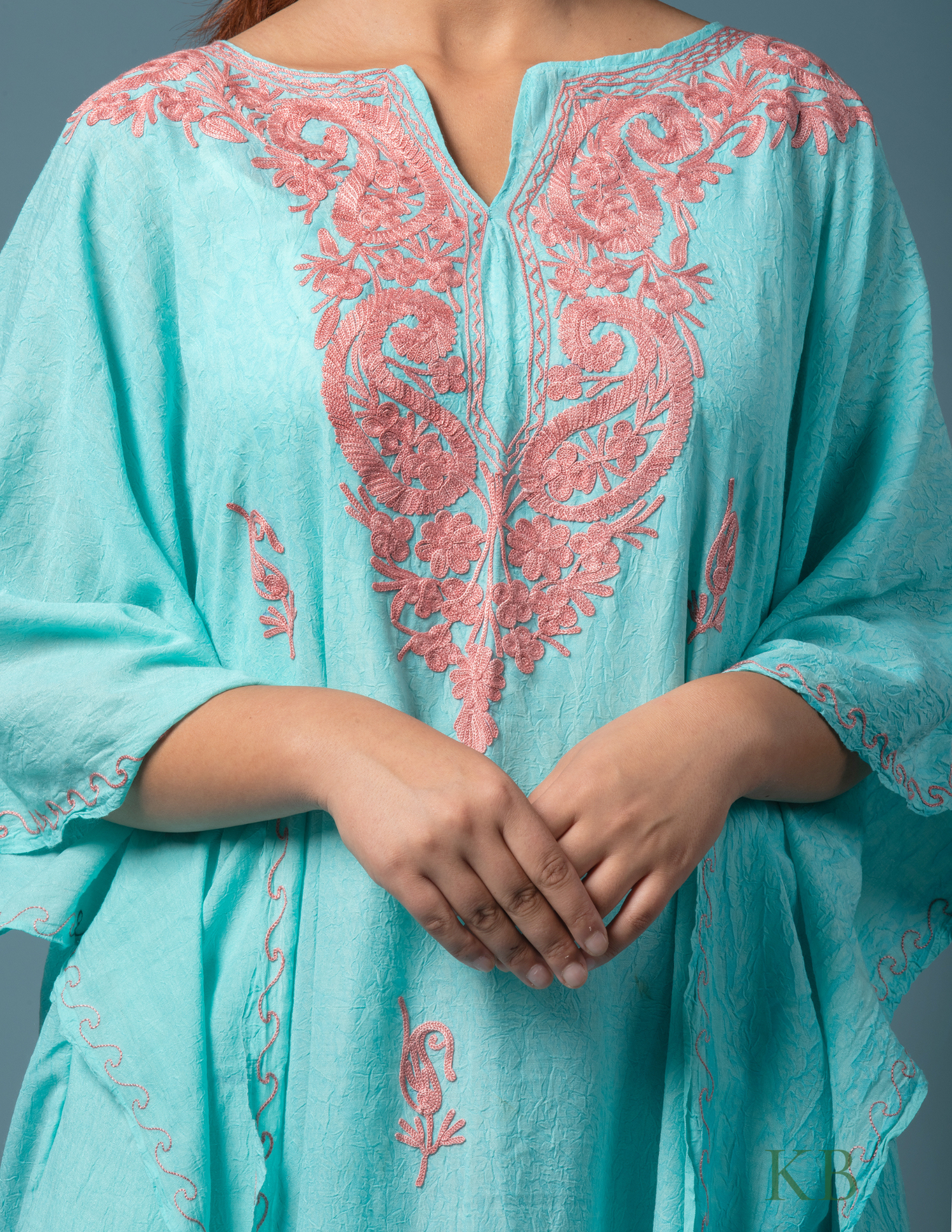 Badaam Posh Sea Green Embroidered Summer Cotton Kaftan