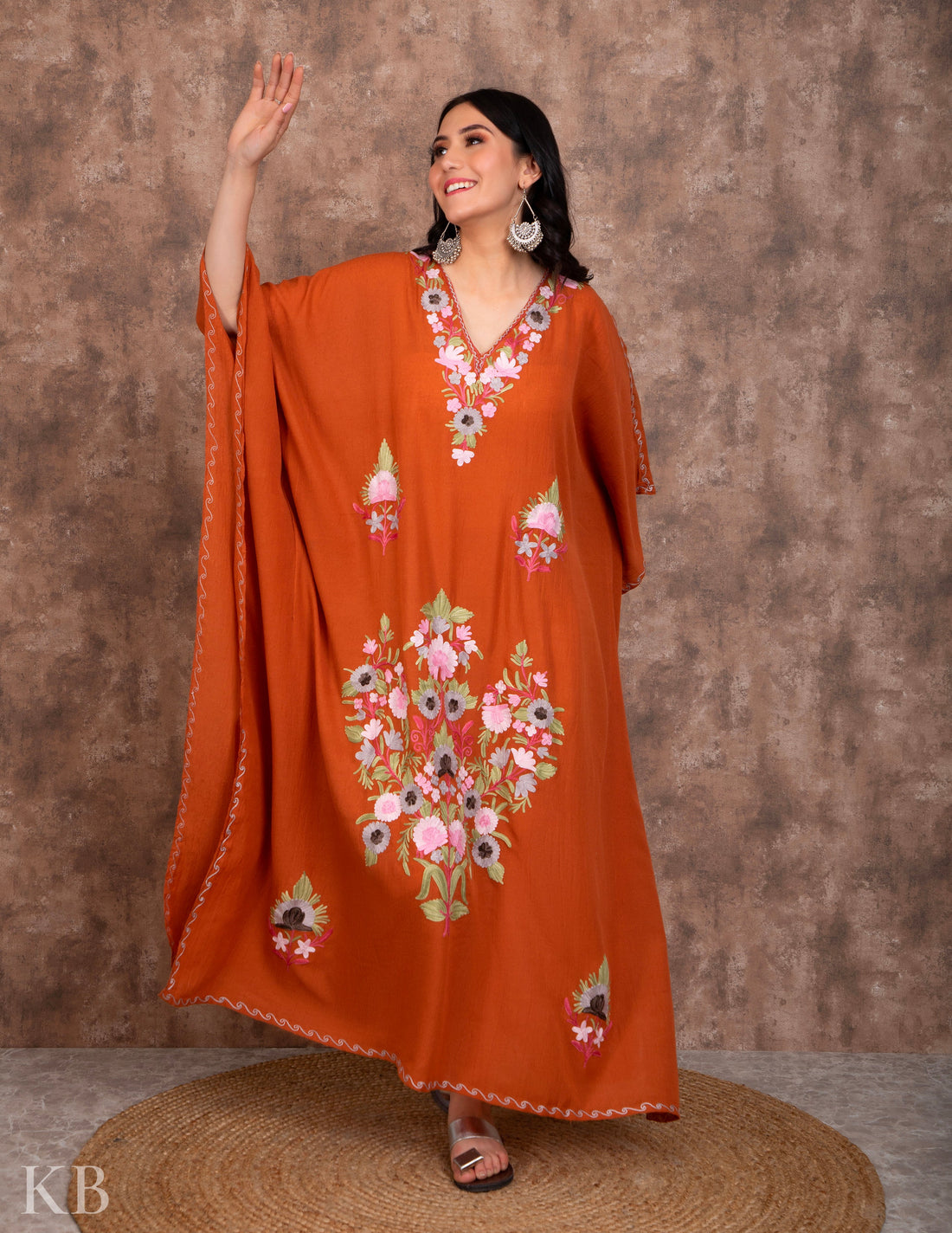 Rust Orange Aari Embroidered Summer Cotton Kaftan