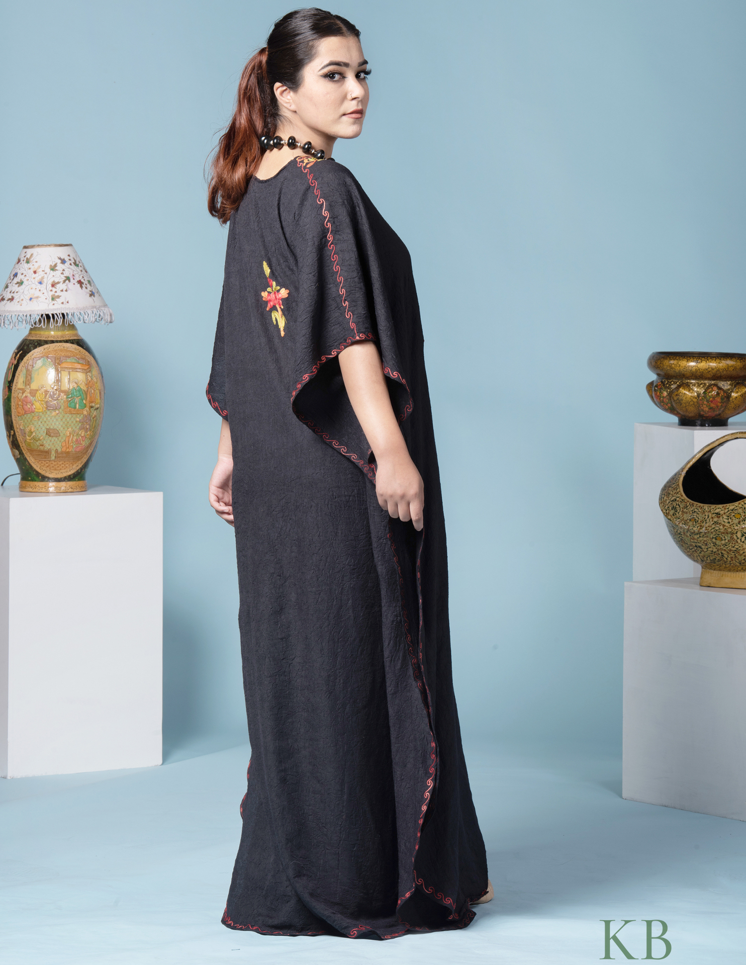 Black Floral Aari Embroidered Summer Cotton Kaftan