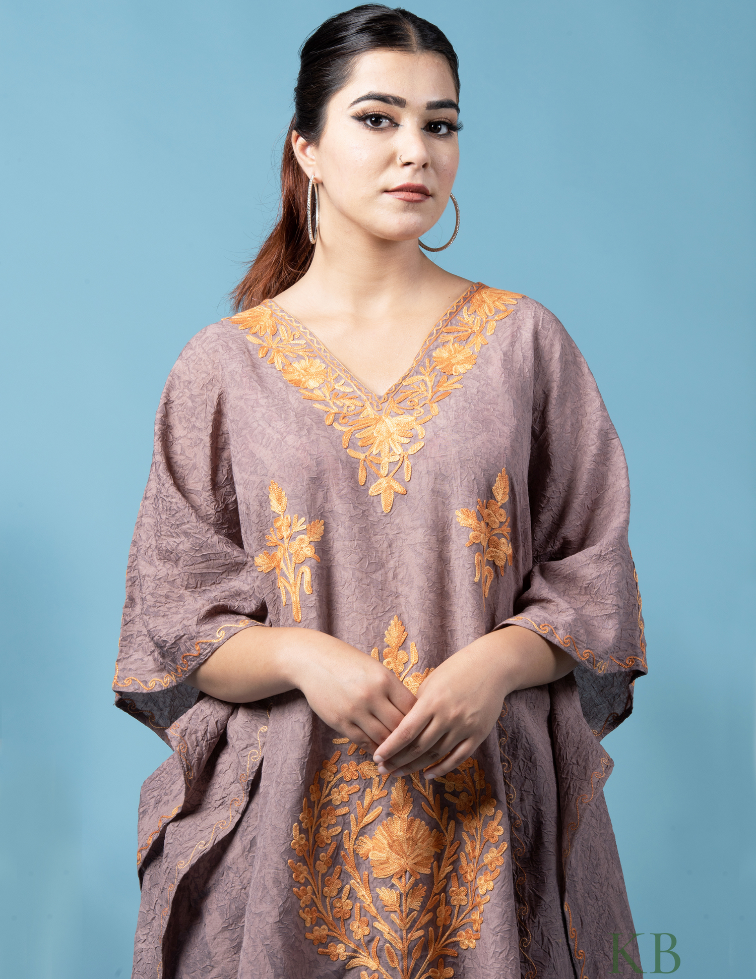 Tan Brown Aari Embroidered Short Kaftan - Kashmir Box