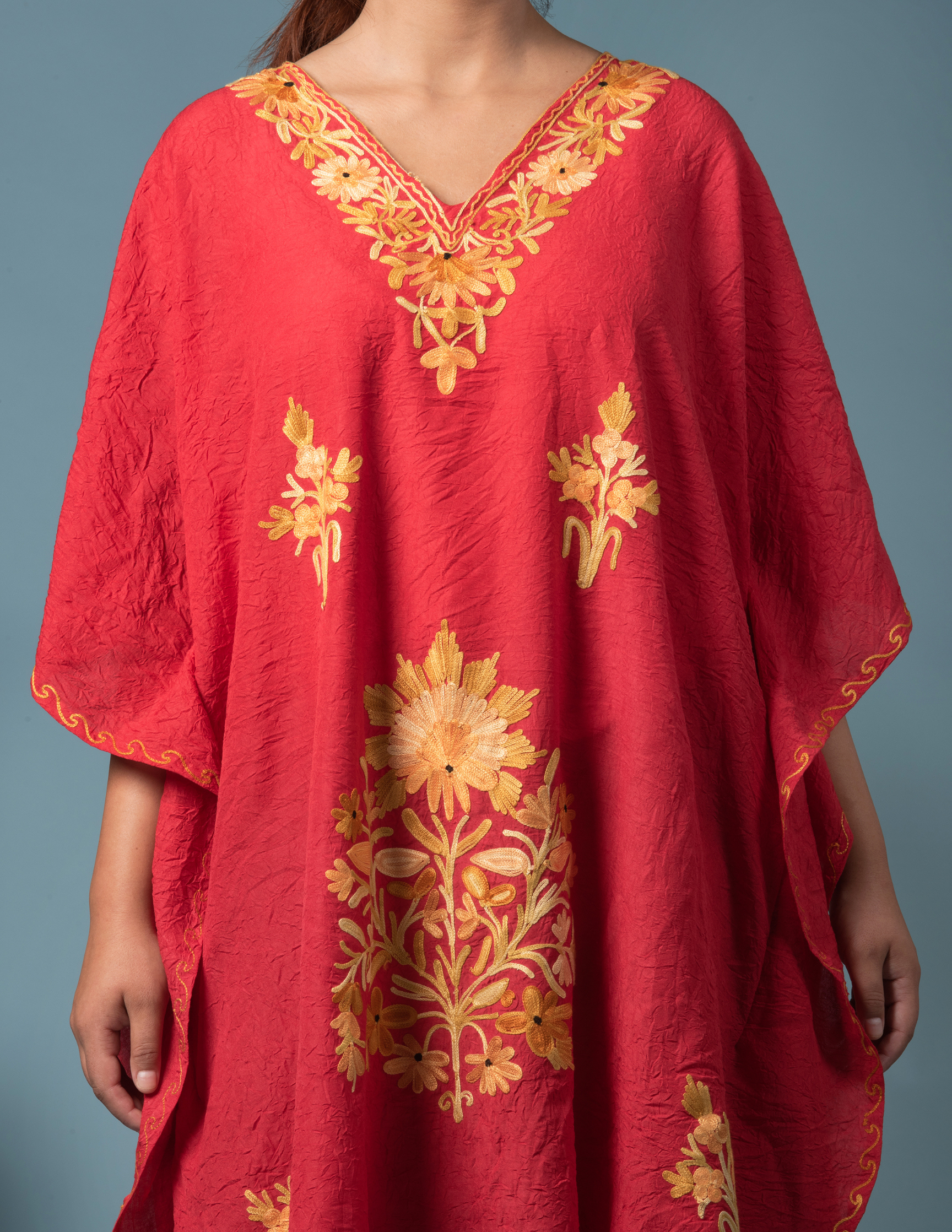 Bright Red Aari Embroidered Short Kaftan - Kashmir Box