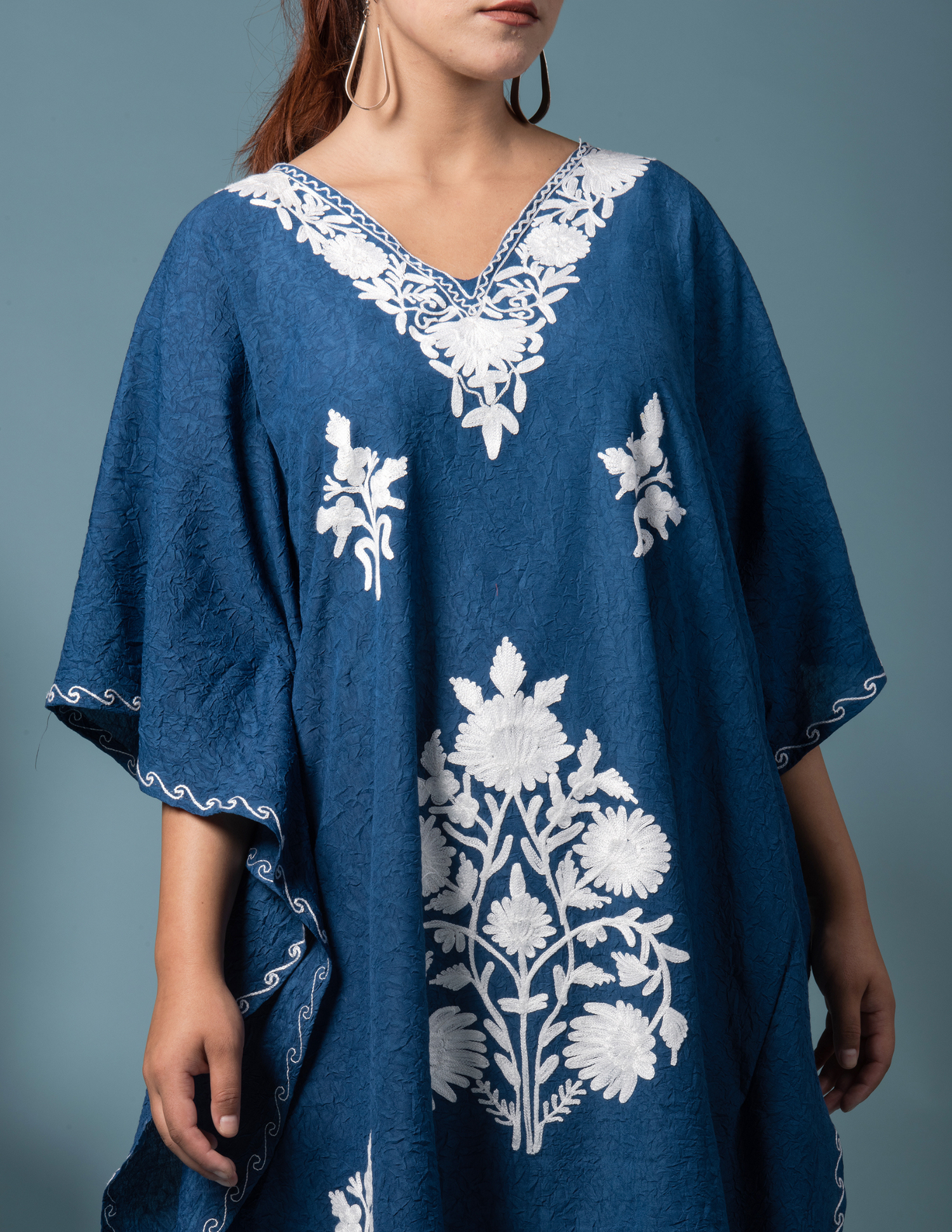 Classic Blue Cotton Aari Embroidered Short Summer Kaftan