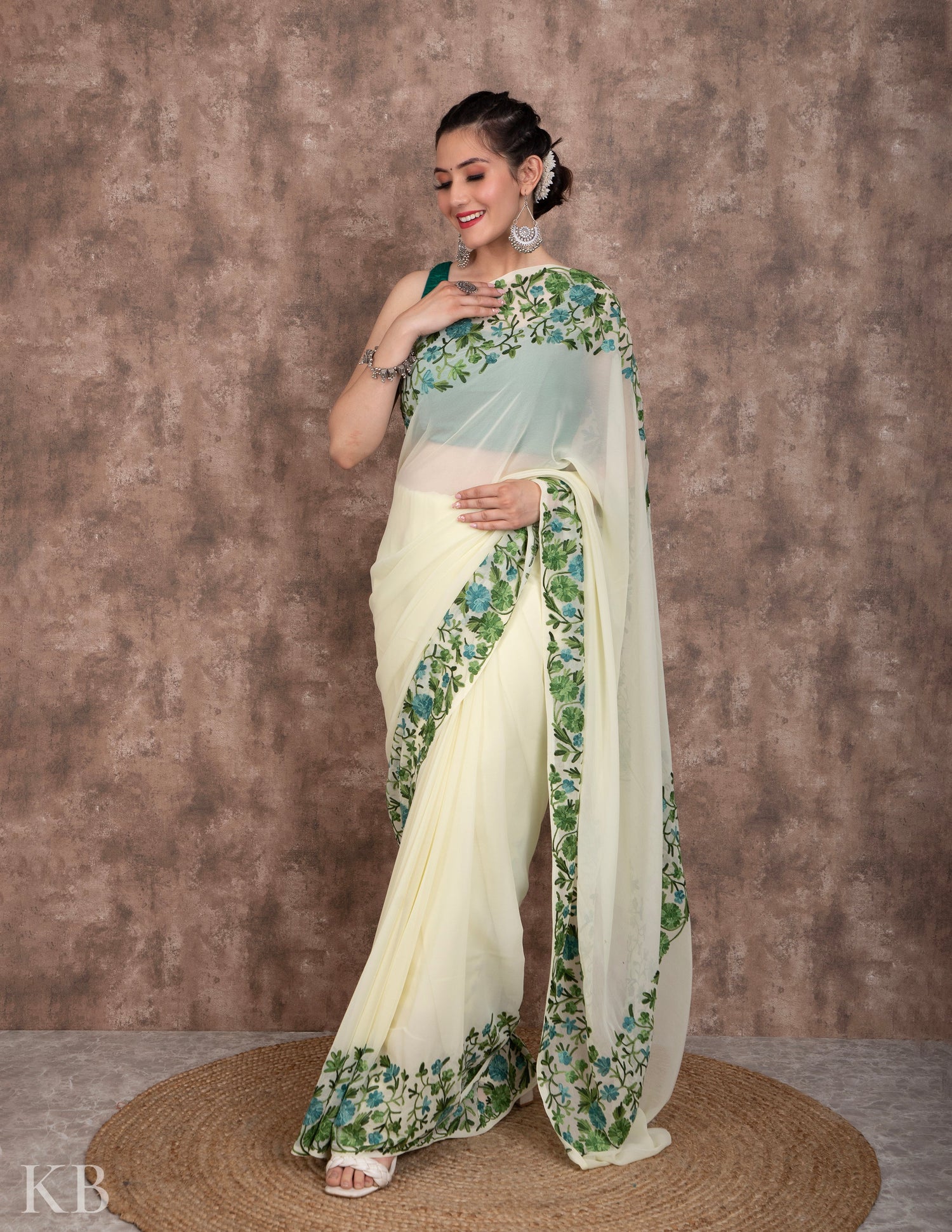 Lemon Yellow Flowery Vine Aari Georgette Saree