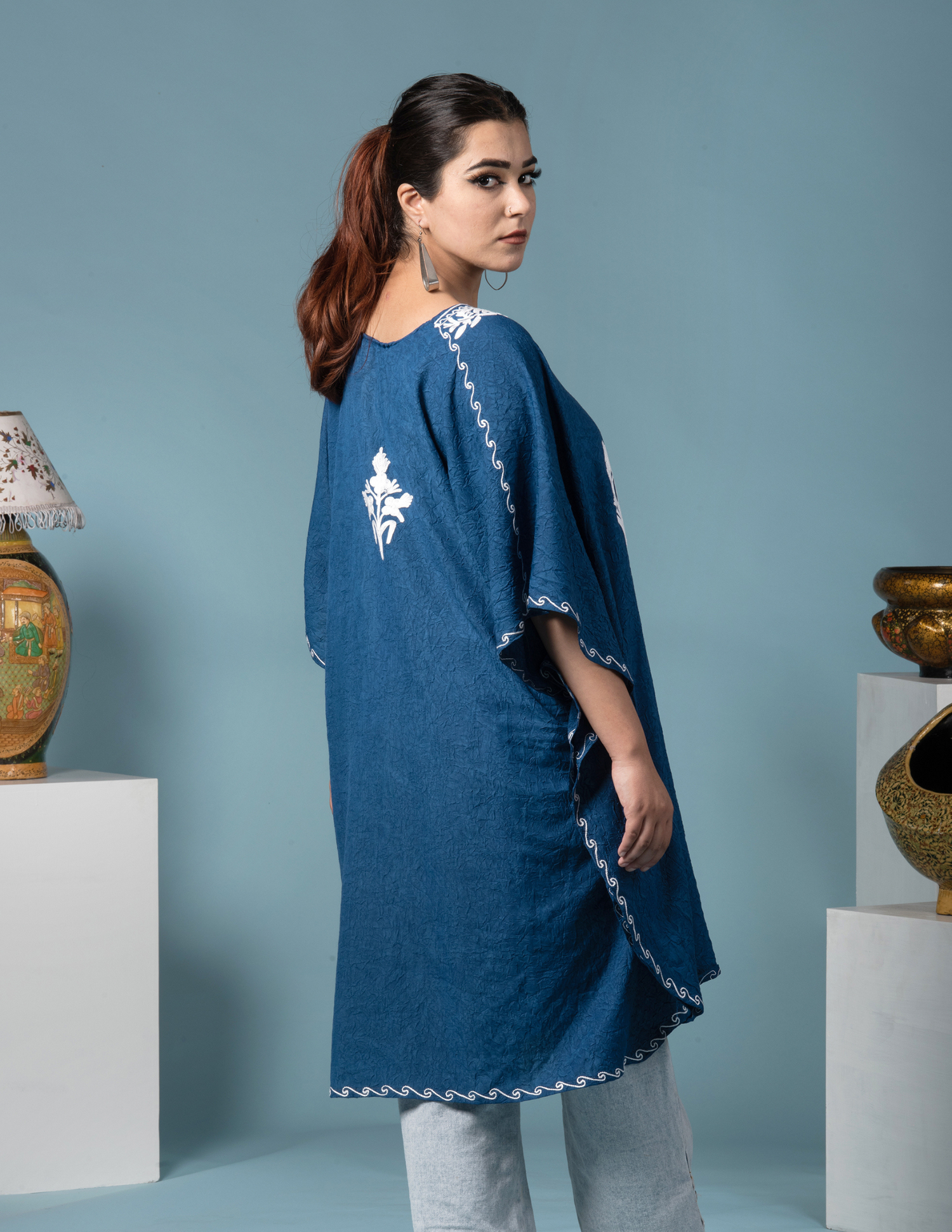 Classic Blue Cotton Aari Embroidered Short Summer Kaftan