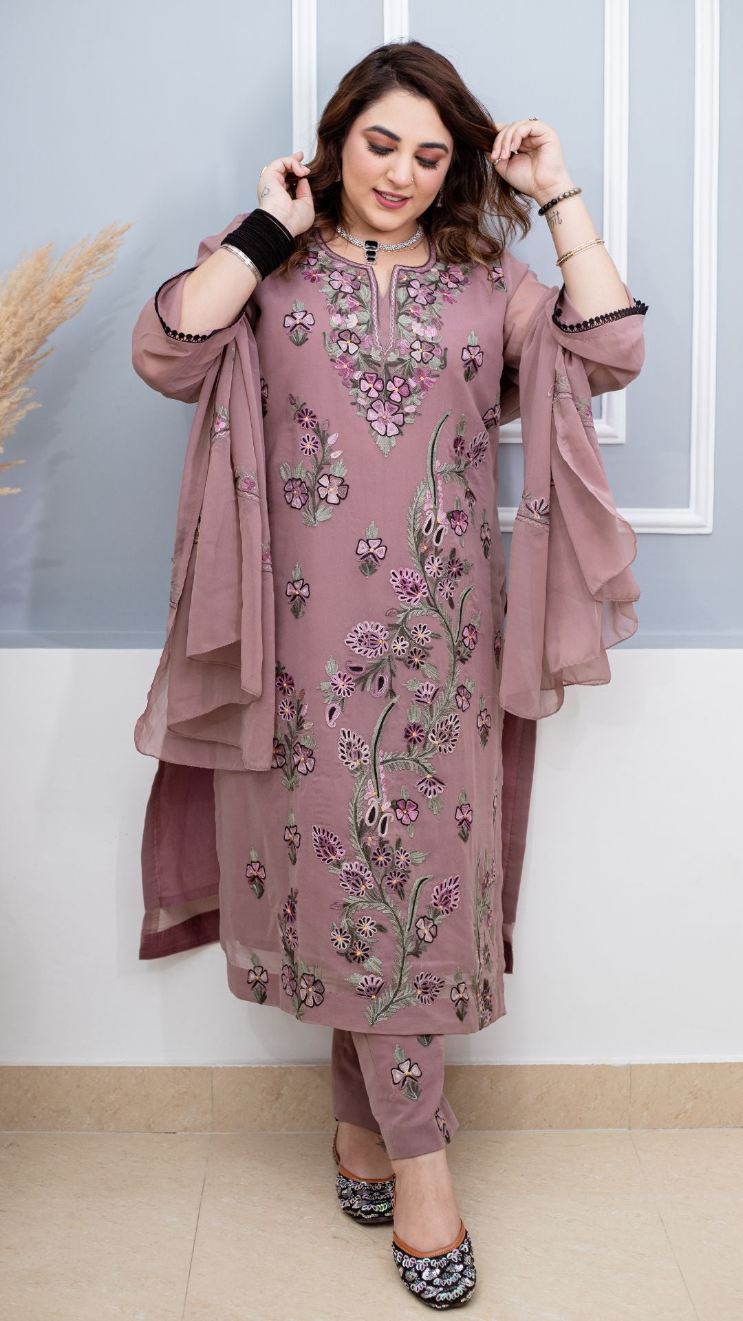 Rosy Brown Embroidered Three-piece Georgette  Suit