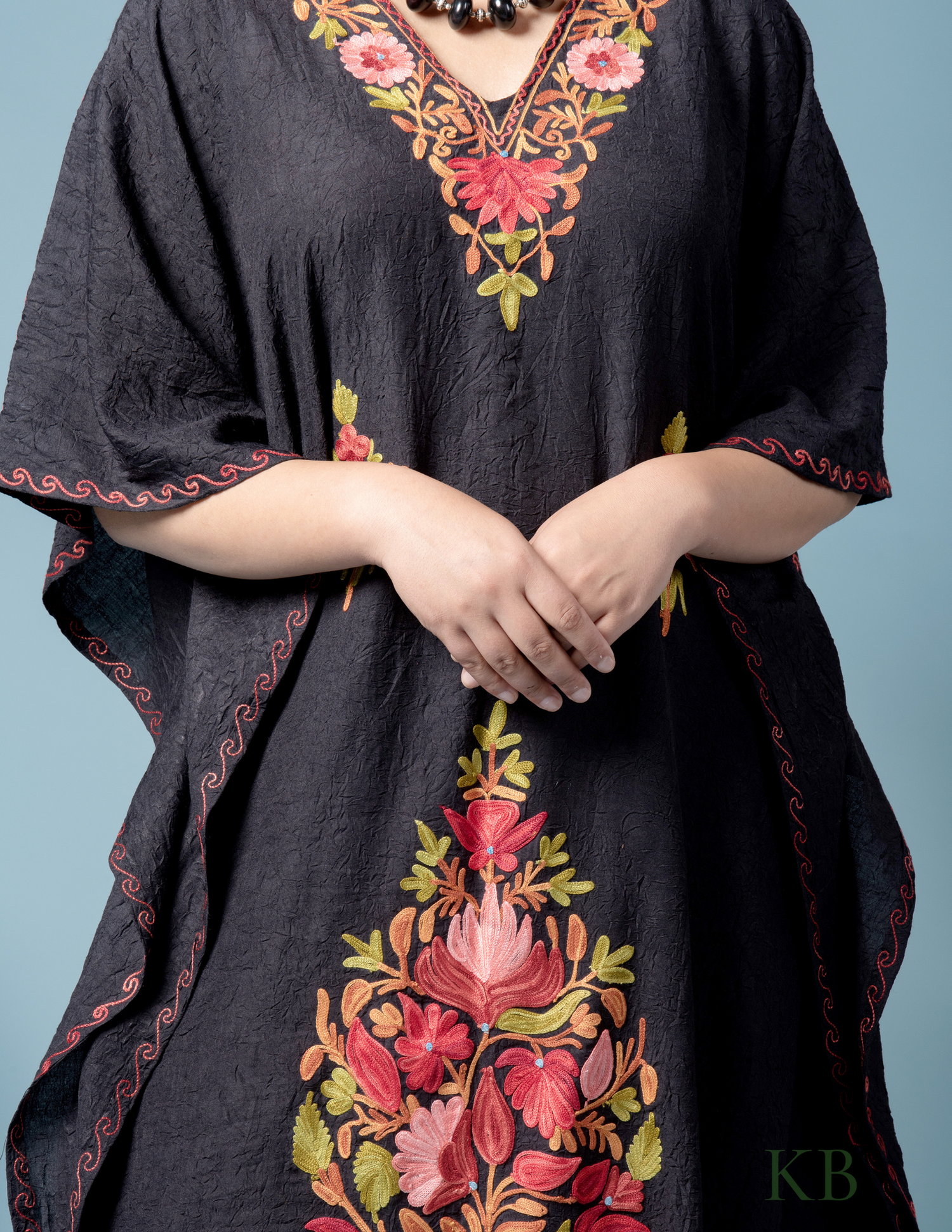 Black Floral Aari Embroidered Summer Cotton Kaftan