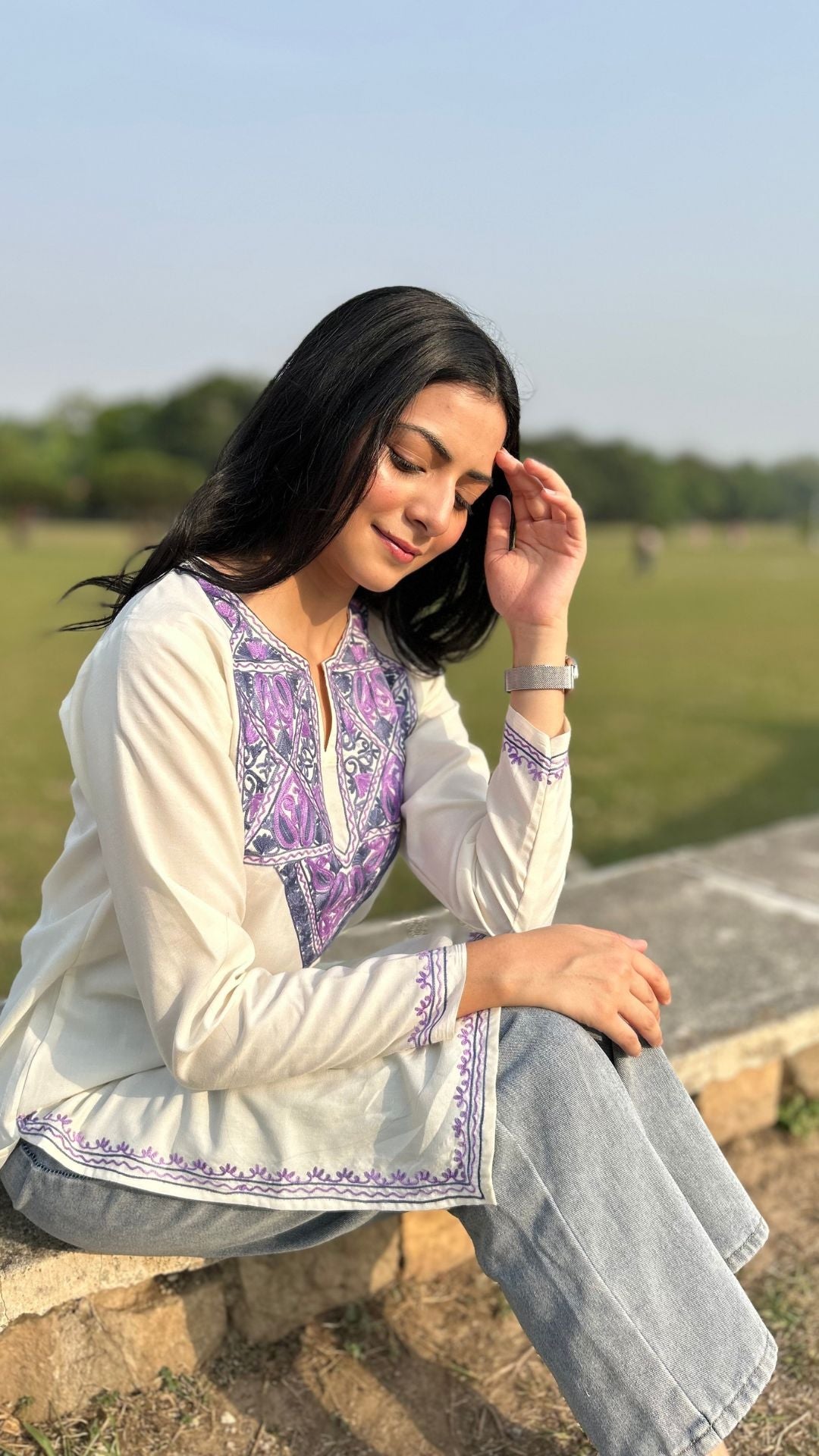 Lilac-Tinted Embroidered White Cotton Kurti