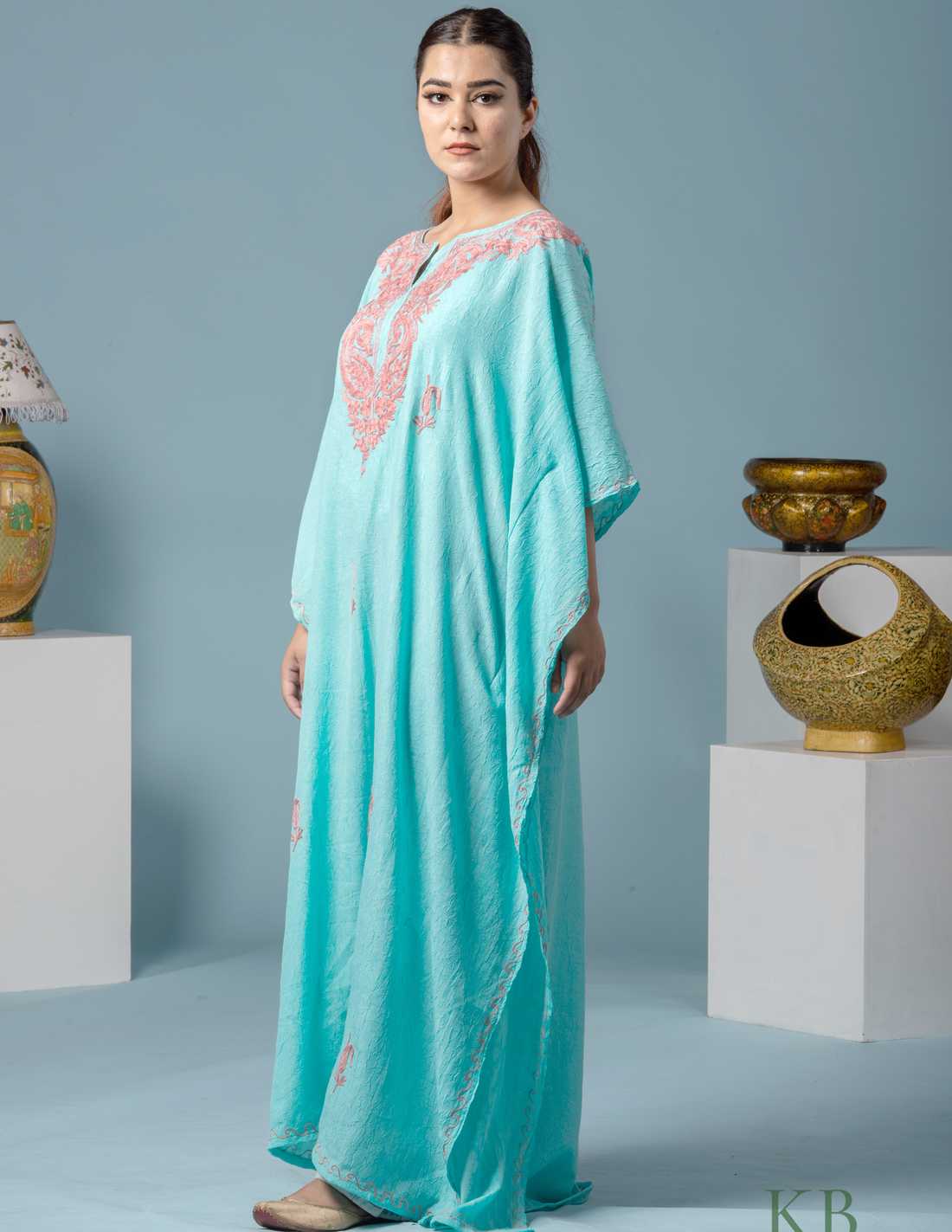 Badaam Posh Sea Green Embroidered Summer Cotton Kaftan