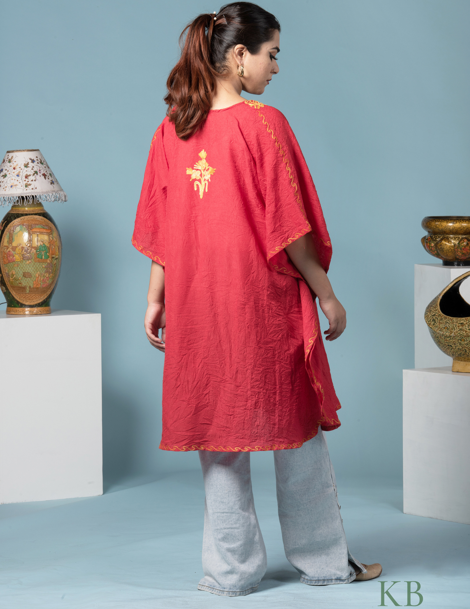 Bright Red Aari Embroidered Short Kaftan - Kashmir Box