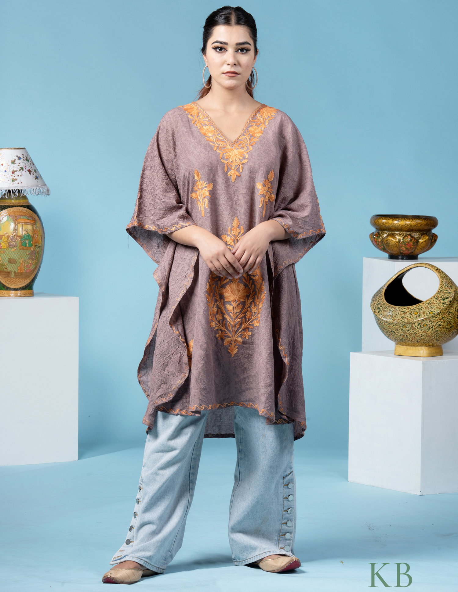 Tan Brown Aari Embroidered Short Kaftan - Kashmir Box