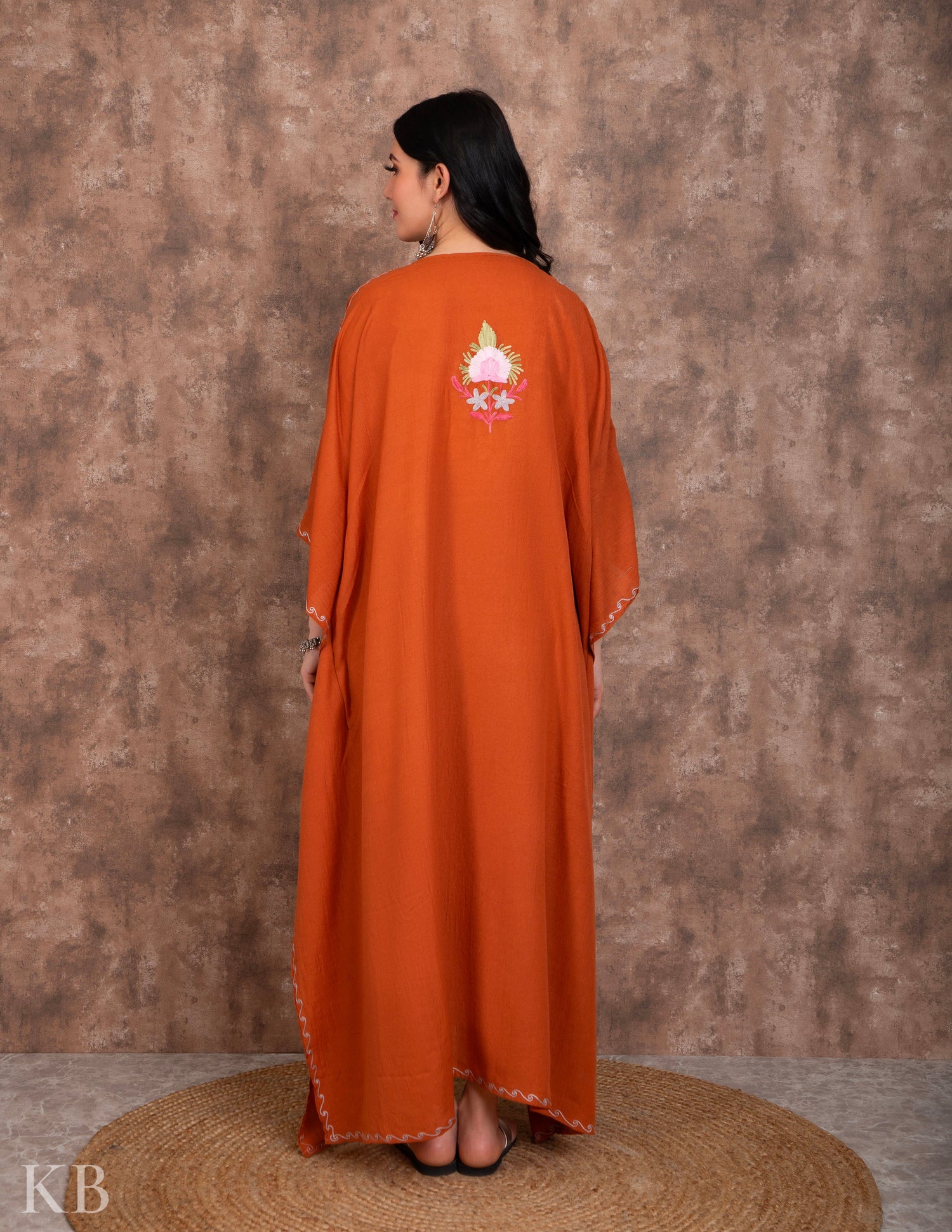 Rust Orange Aari Embroidered Summer Cotton Kaftan